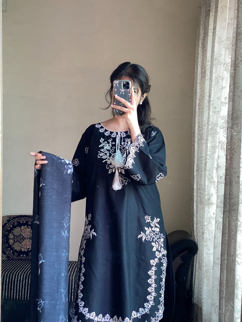 AttirePret Black 3-Piece Embroidered Cotton Suit