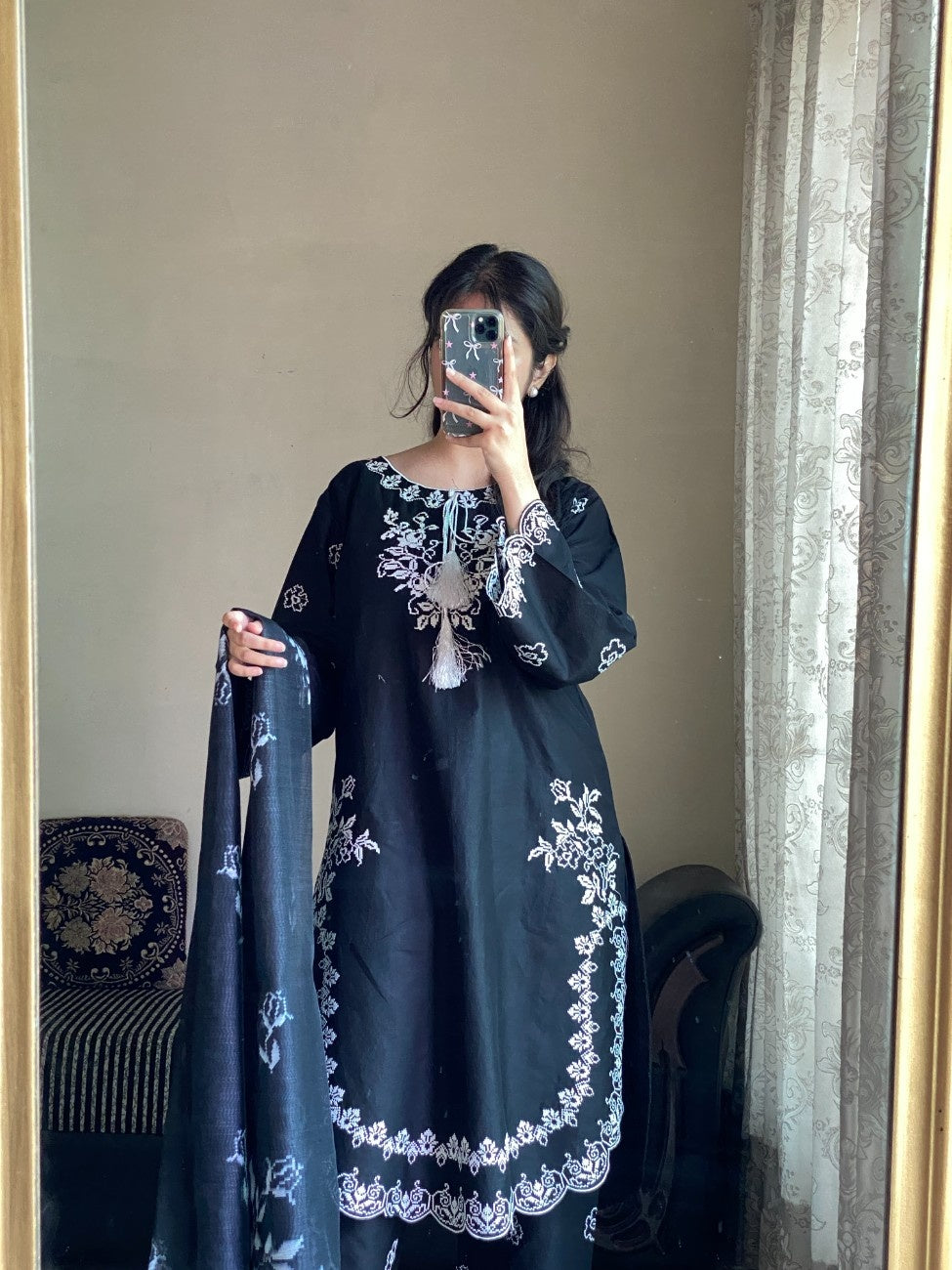 AttirePret Black 3-Piece Embroidered Cotton Suit
