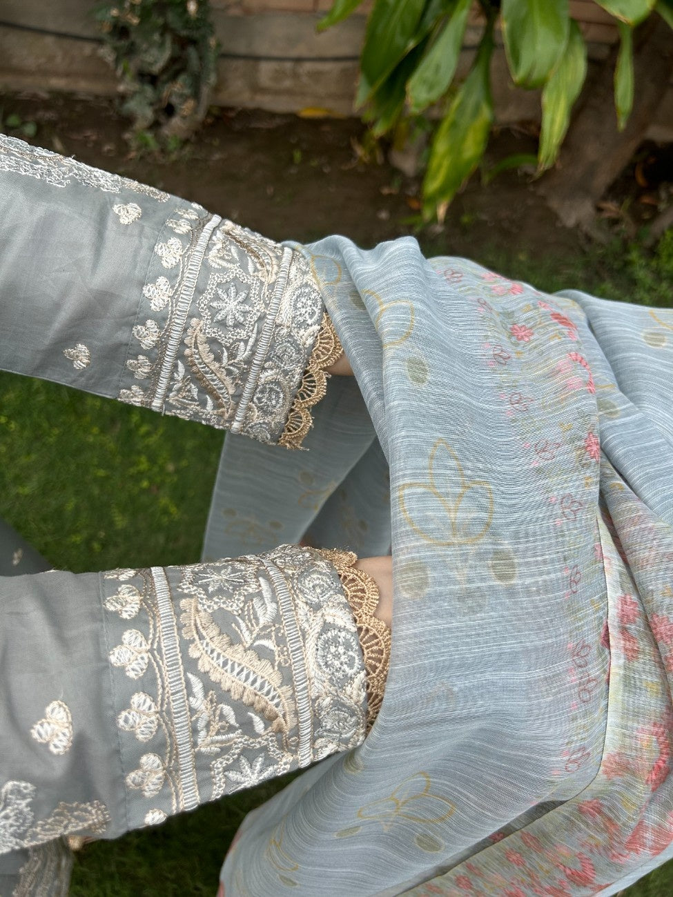 Attirepret: Serene Grey Viscose Embroidered 3-Piece Cotton Suit