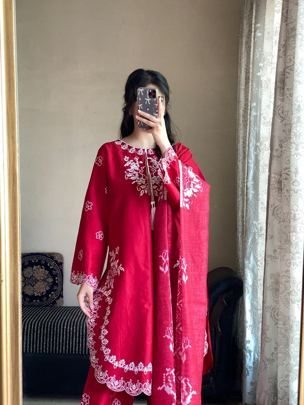 AttirePret 3-Piece Red Cotton Suit | Cross Stitch Embroidery