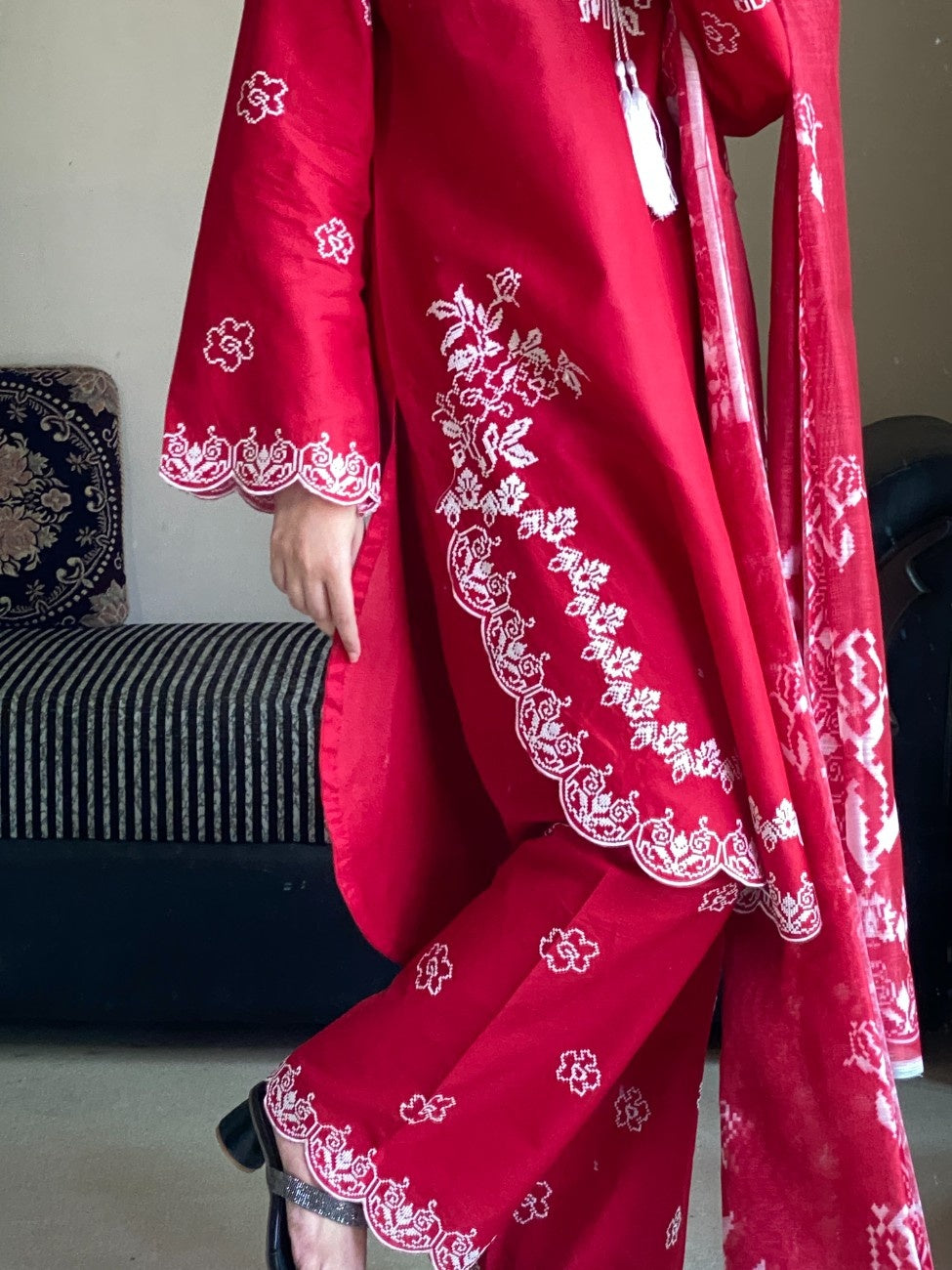 AttirePret 3-Piece Red Cotton Suit | Cross Stitch Embroidery
