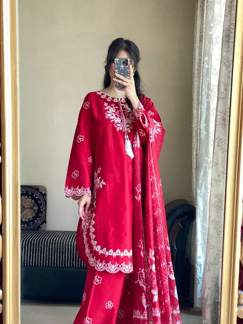 AttirePret 3-Piece Red Cotton Suit | Cross Stitch Embroidery