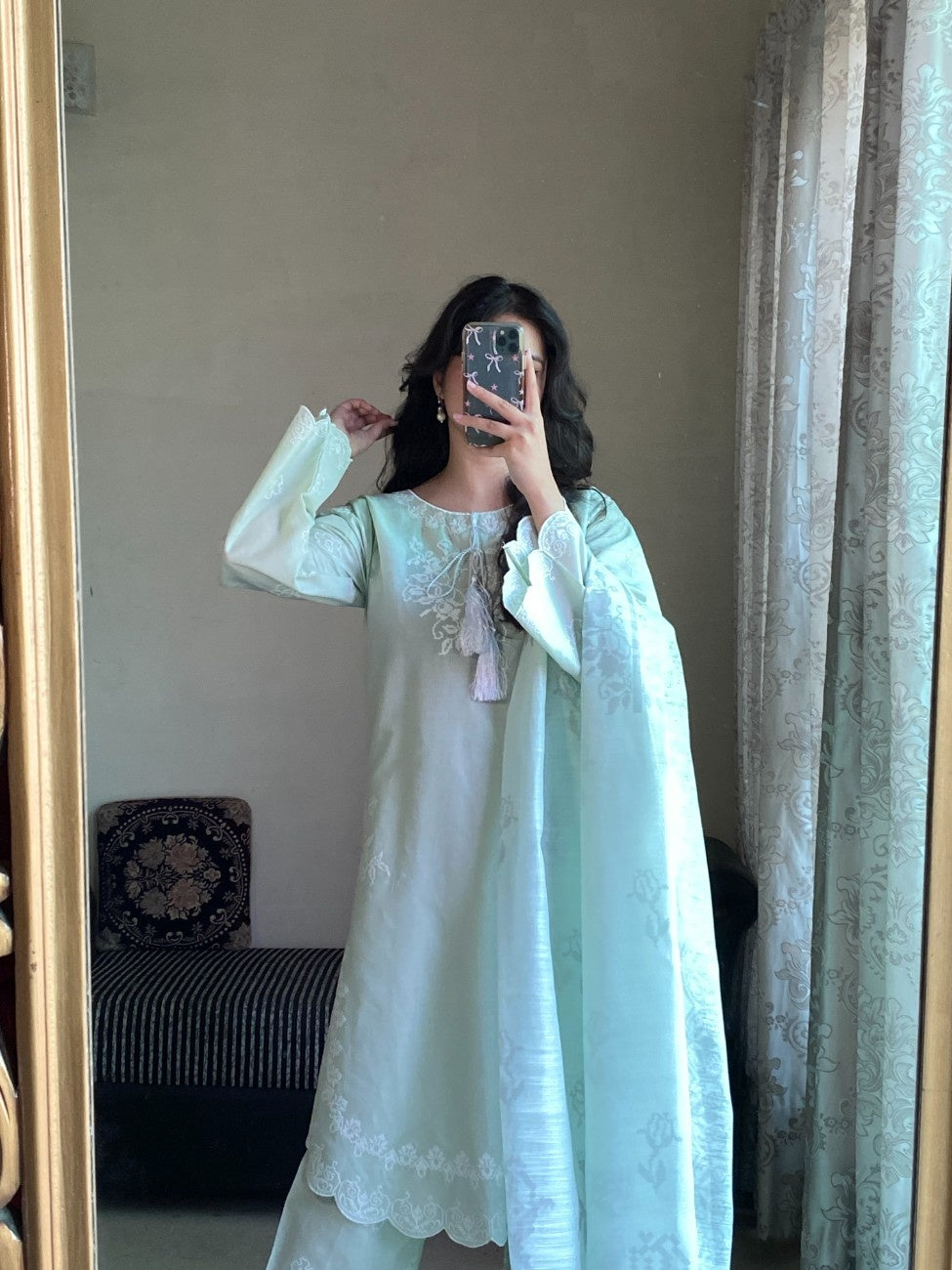 Attirepret Mint Green Cotton 3-Piece Suit