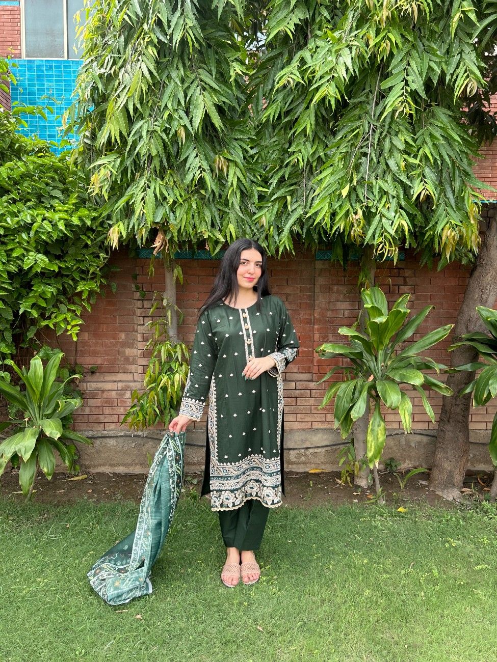 Attirepret Emerald Green Viscose Embroidered 3-Piece Cotton Suit