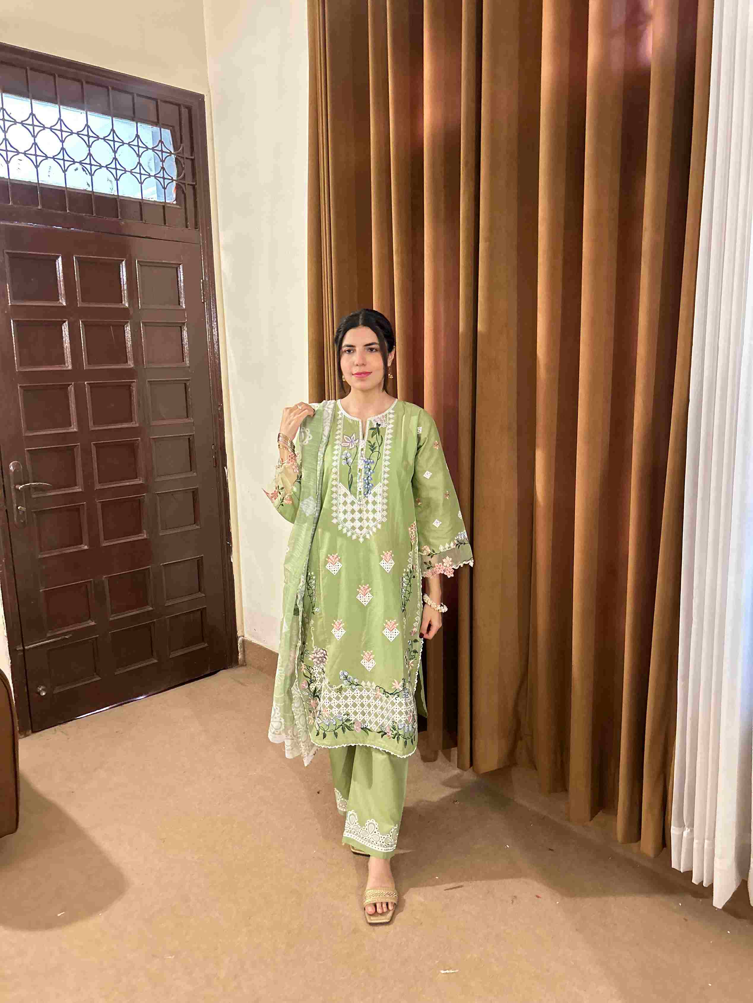 Attirepret Light Olive Green 3-Piece Cotton Embroidered