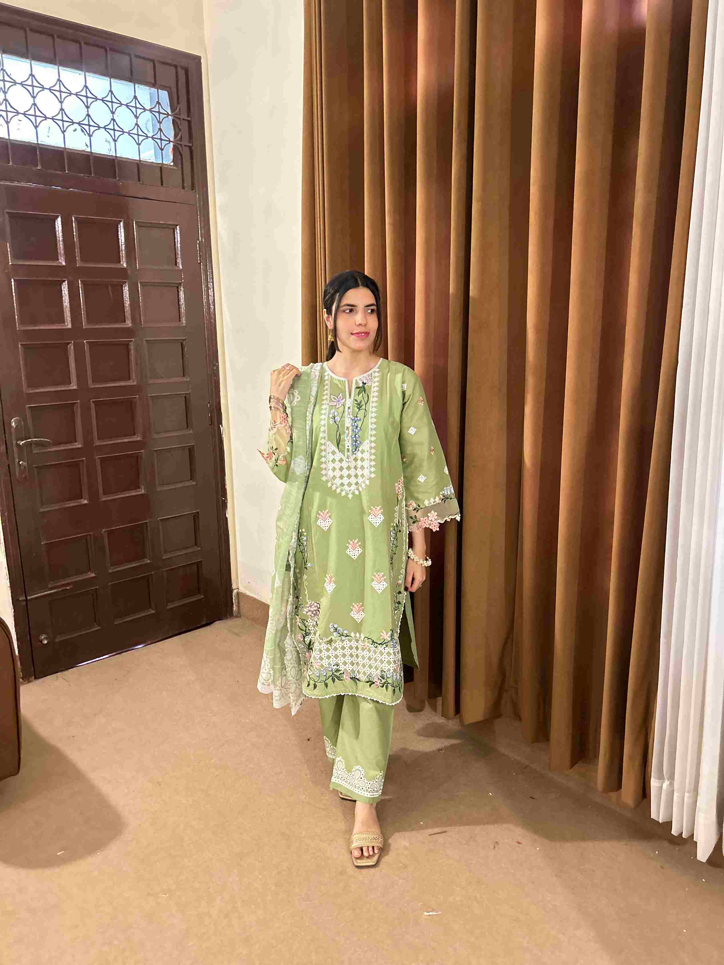Attirepret Light Olive Green 3-Piece Cotton Embroidered