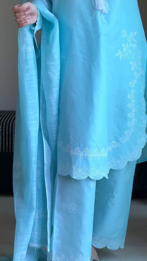 Attirepret Sky Blue Cotton 3-Piece Suit | Summer Essential