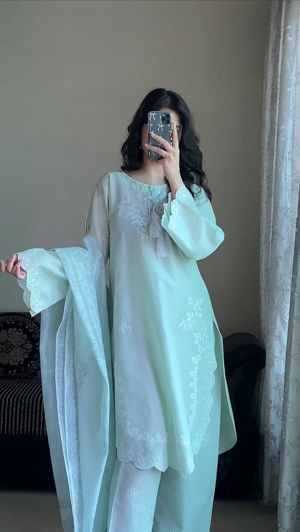 Attirepret Mint Green Cotton 3-Piece Suit