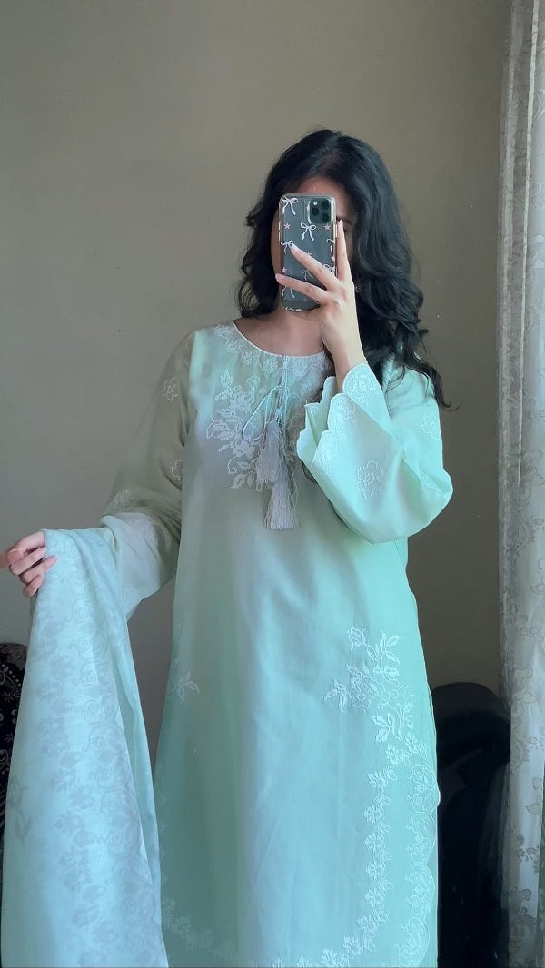 Attirepret Mint Green Cotton 3-Piece Suit