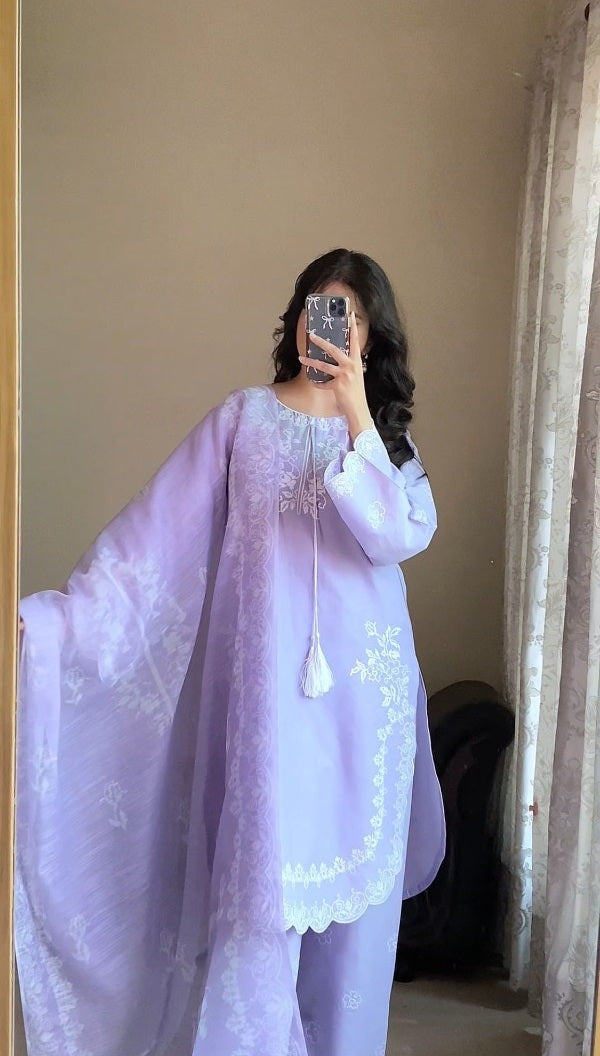 AttirePret Lavender Cotton 3-Piece Suit | Cross Stitch Embroidery