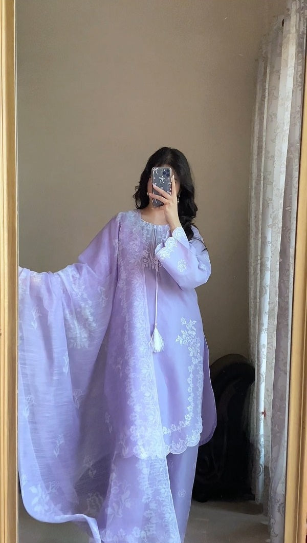 AttirePret Lavender Cotton 3-Piece Suit | Cross Stitch Embroidery