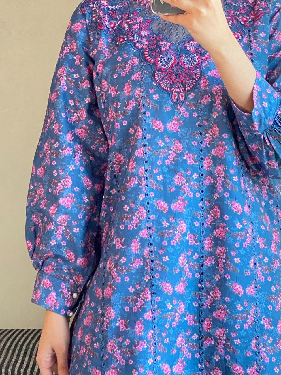 Blue Floral Cambric Suit with Magenta Trouser
