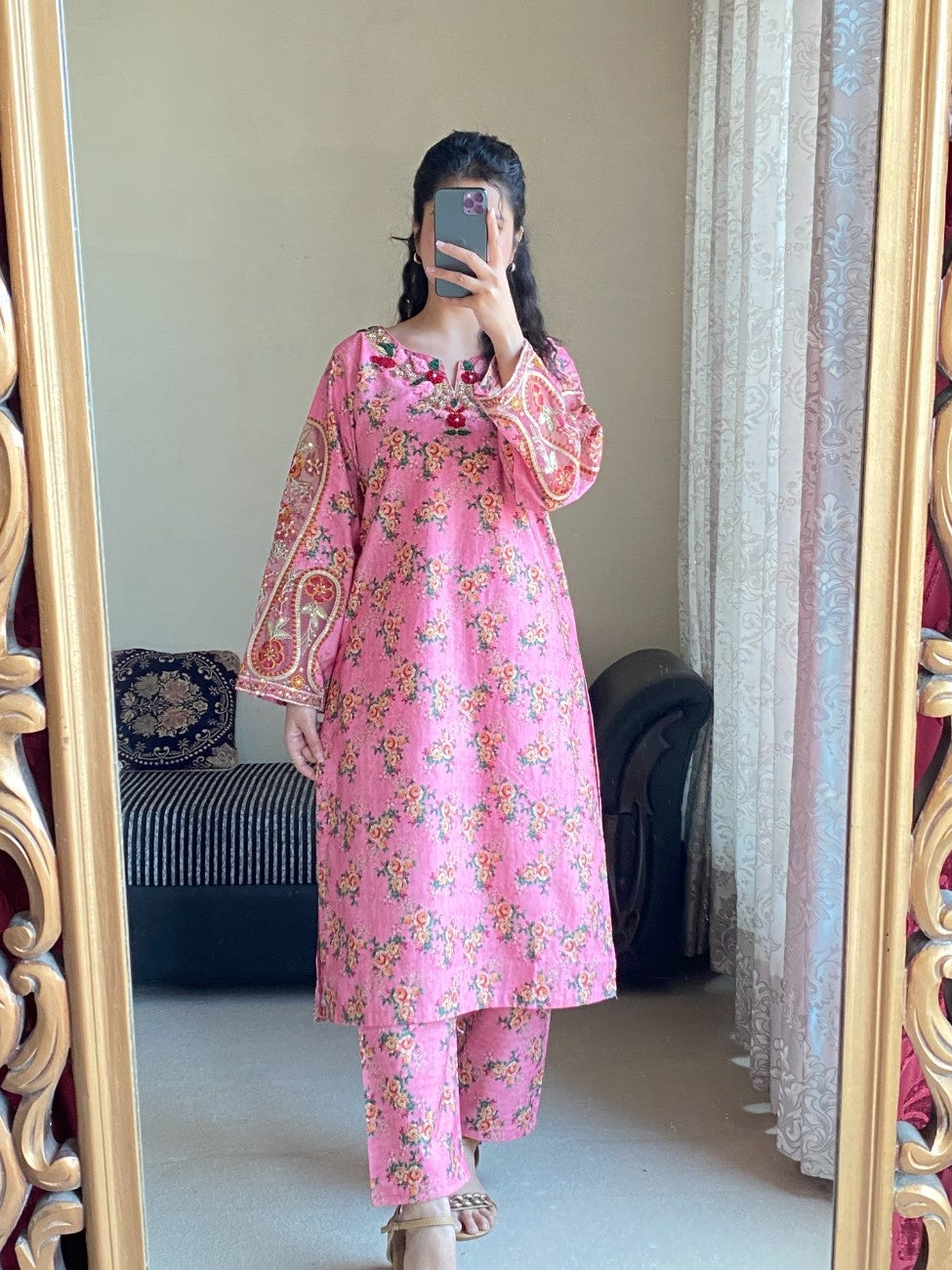 Lotus Pink Floral Cambric Suit