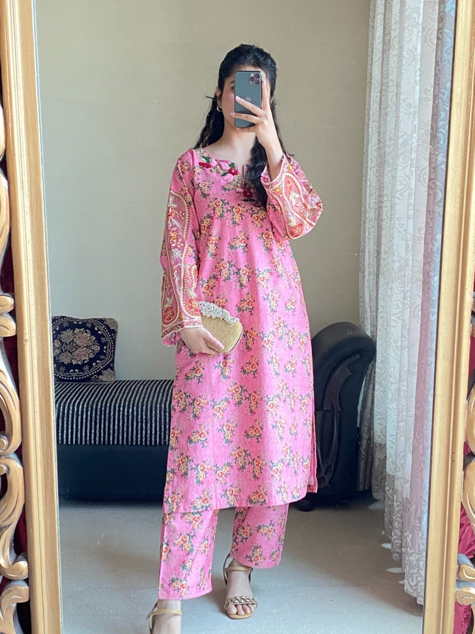 Lotus Pink Floral Cambric Suit