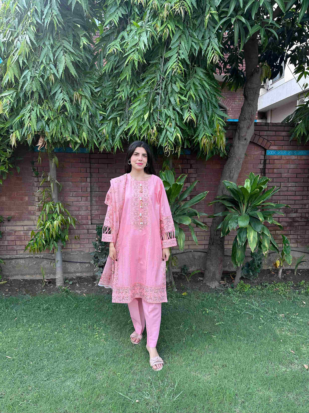 Attirepret - Charming Pink Ready-to-Wear Cotton 3-Piece Suit