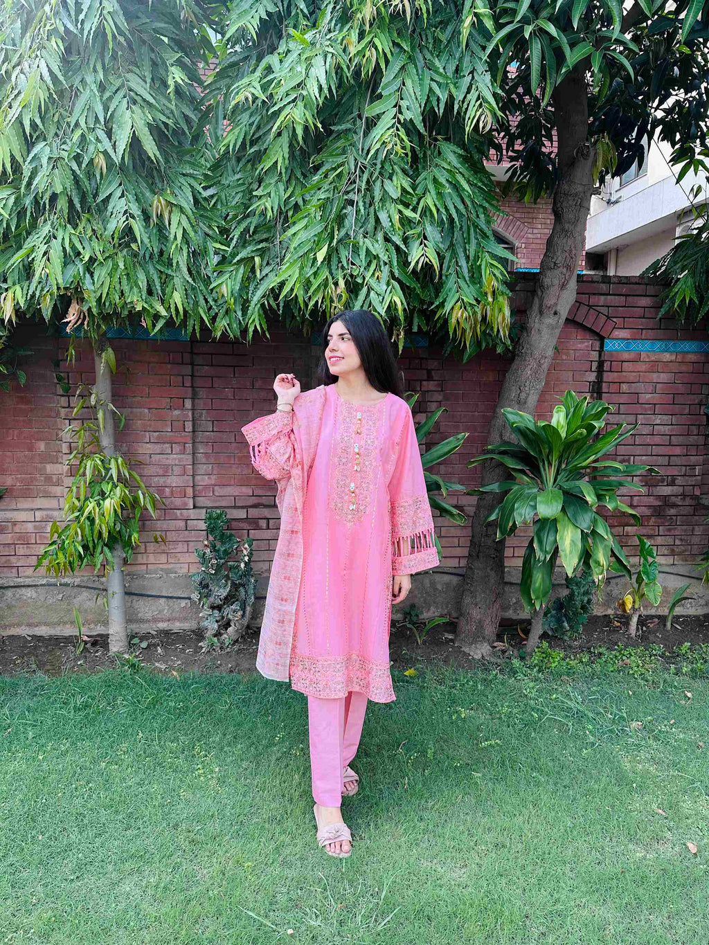 Attirepret - Charming Pink Ready-to-Wear Cotton 3-Piece Suit