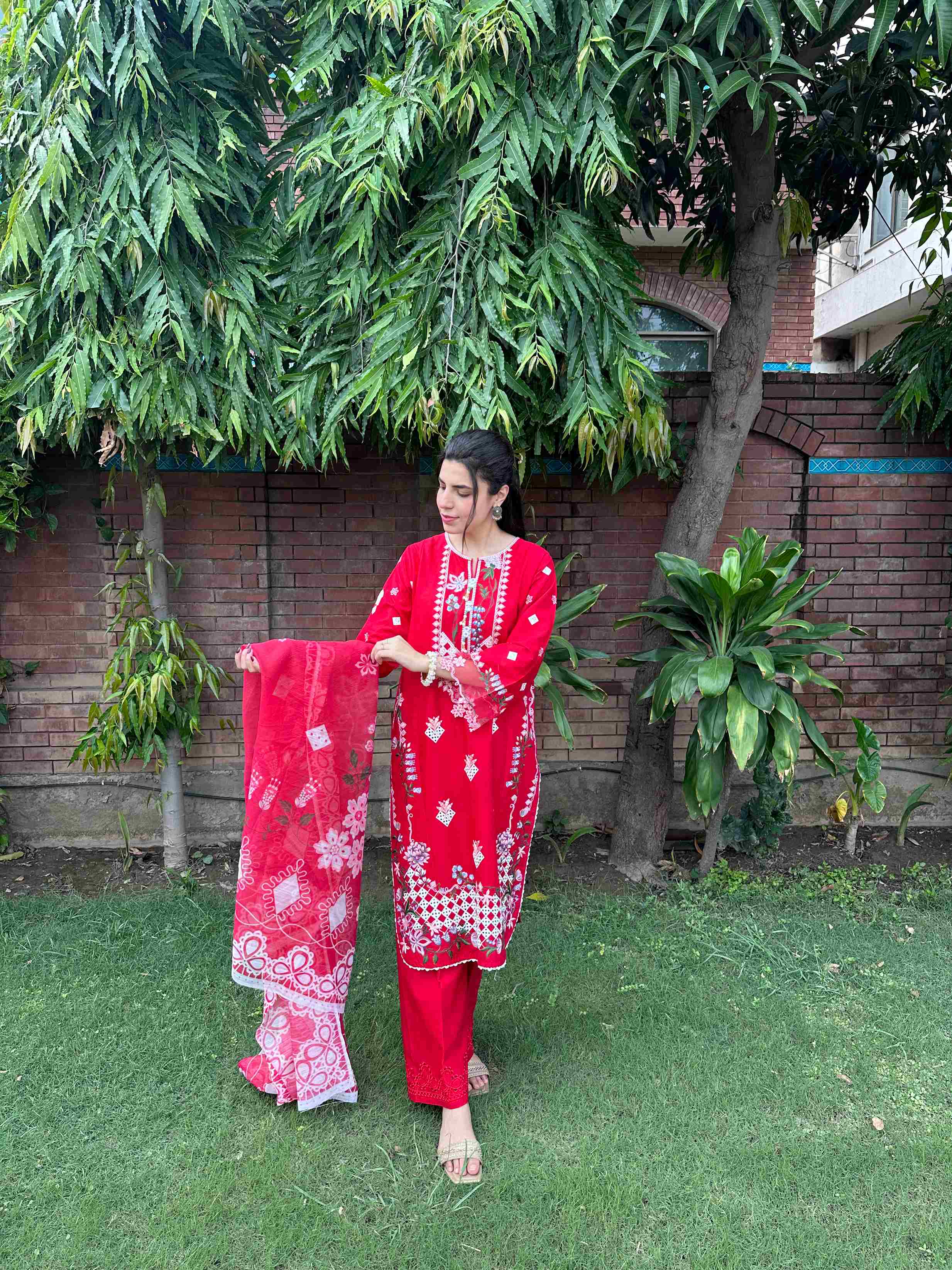 Radiant Red Embroidered 3-Piece Cotton Suit by AttirePret