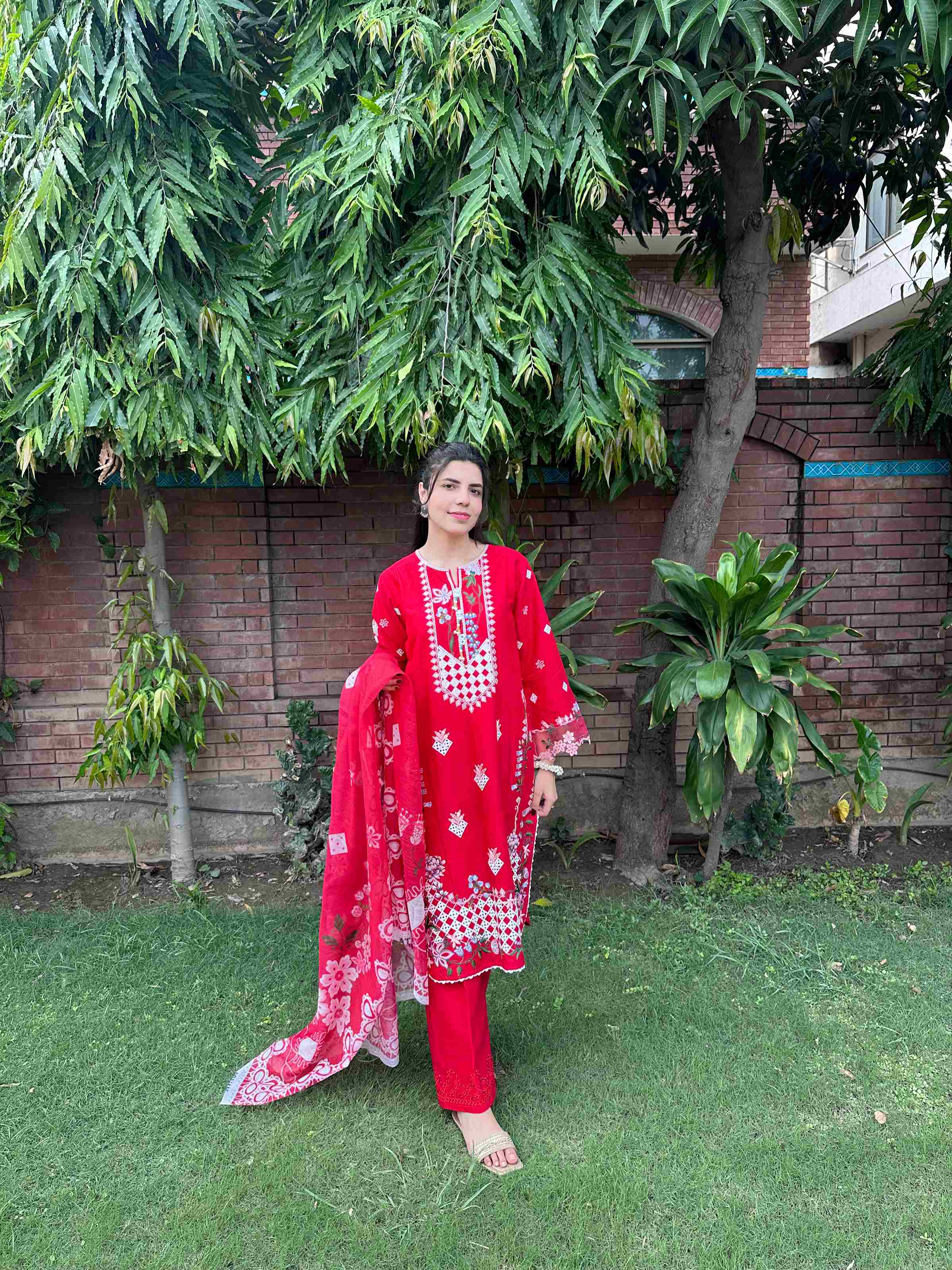 Radiant Red Embroidered 3-Piece Cotton Suit by AttirePret