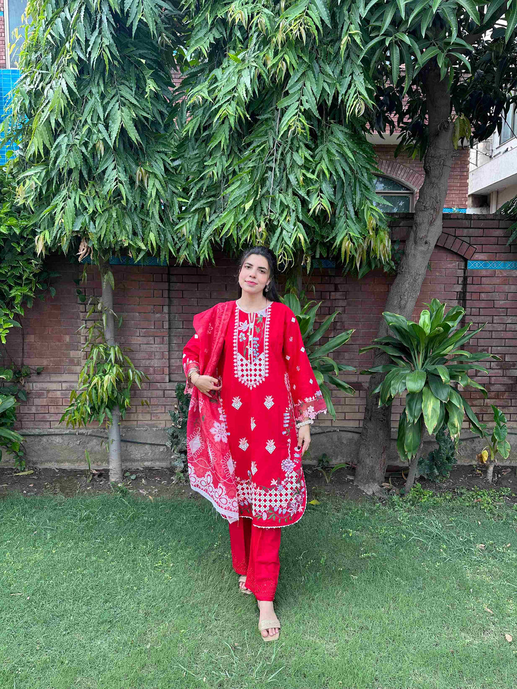 Radiant Red Embroidered 3-Piece Cotton Suit by AttirePret