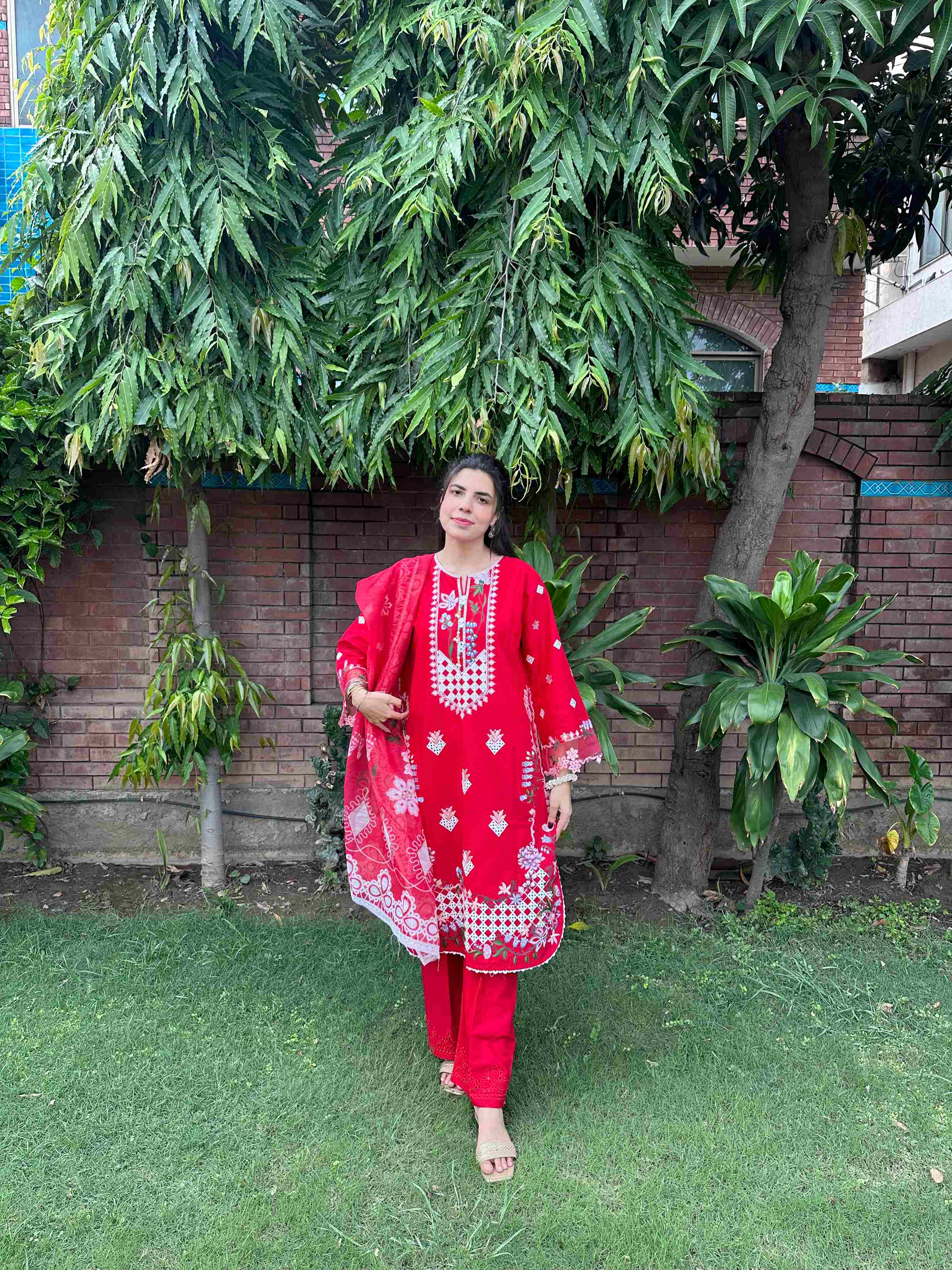 Radiant Red Embroidered 3-Piece Cotton Suit by AttirePret