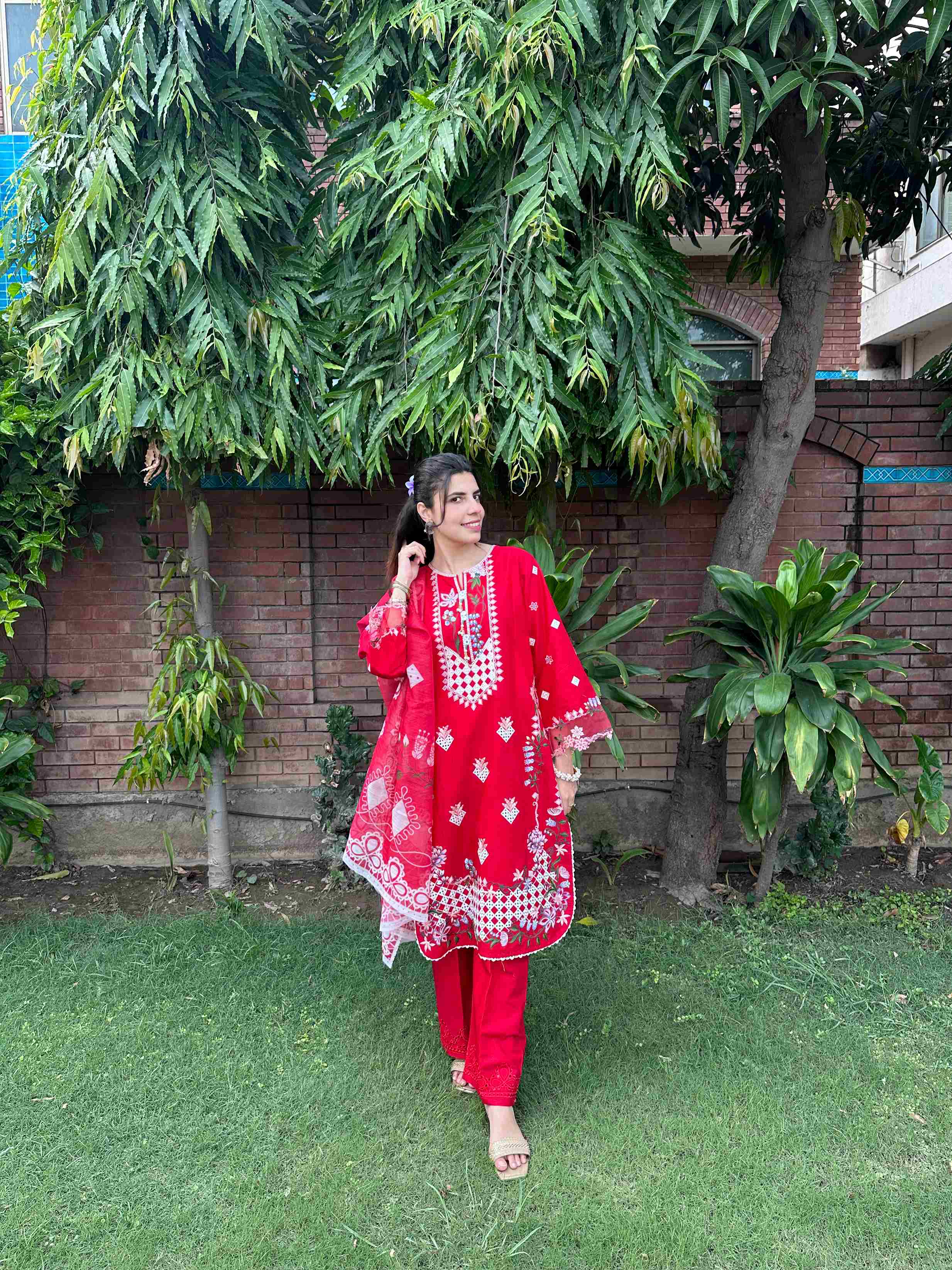 Radiant Red Embroidered 3-Piece Cotton Suit by AttirePret