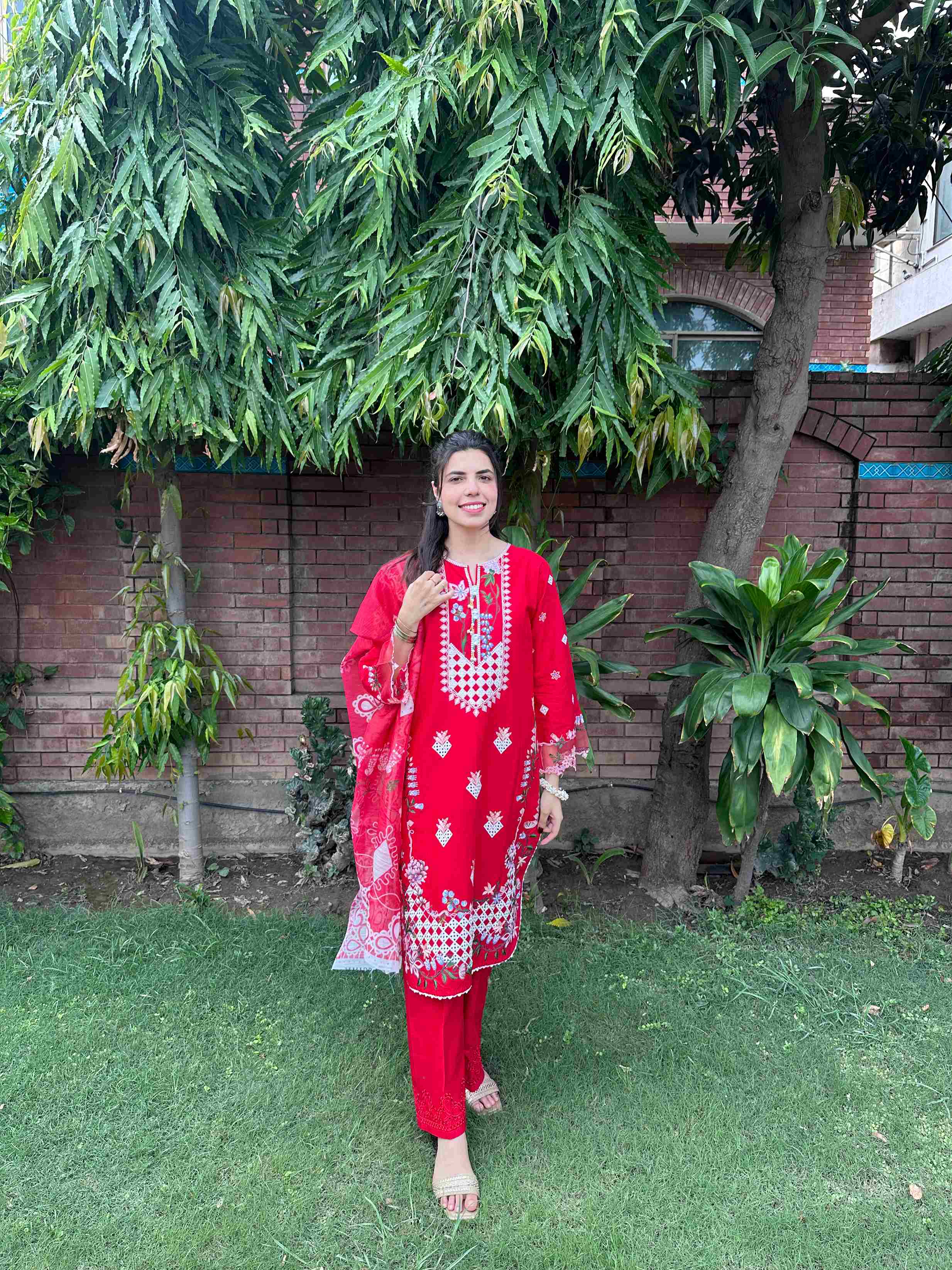Radiant Red Embroidered 3-Piece Cotton Suit by AttirePret