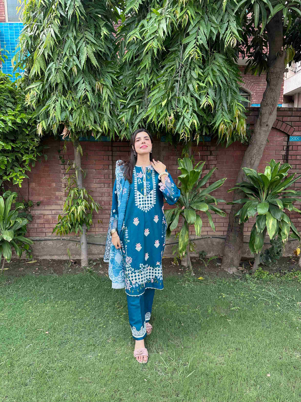 Teal Blue Embroidered 3-Piece Cotton Suit by AttirePret