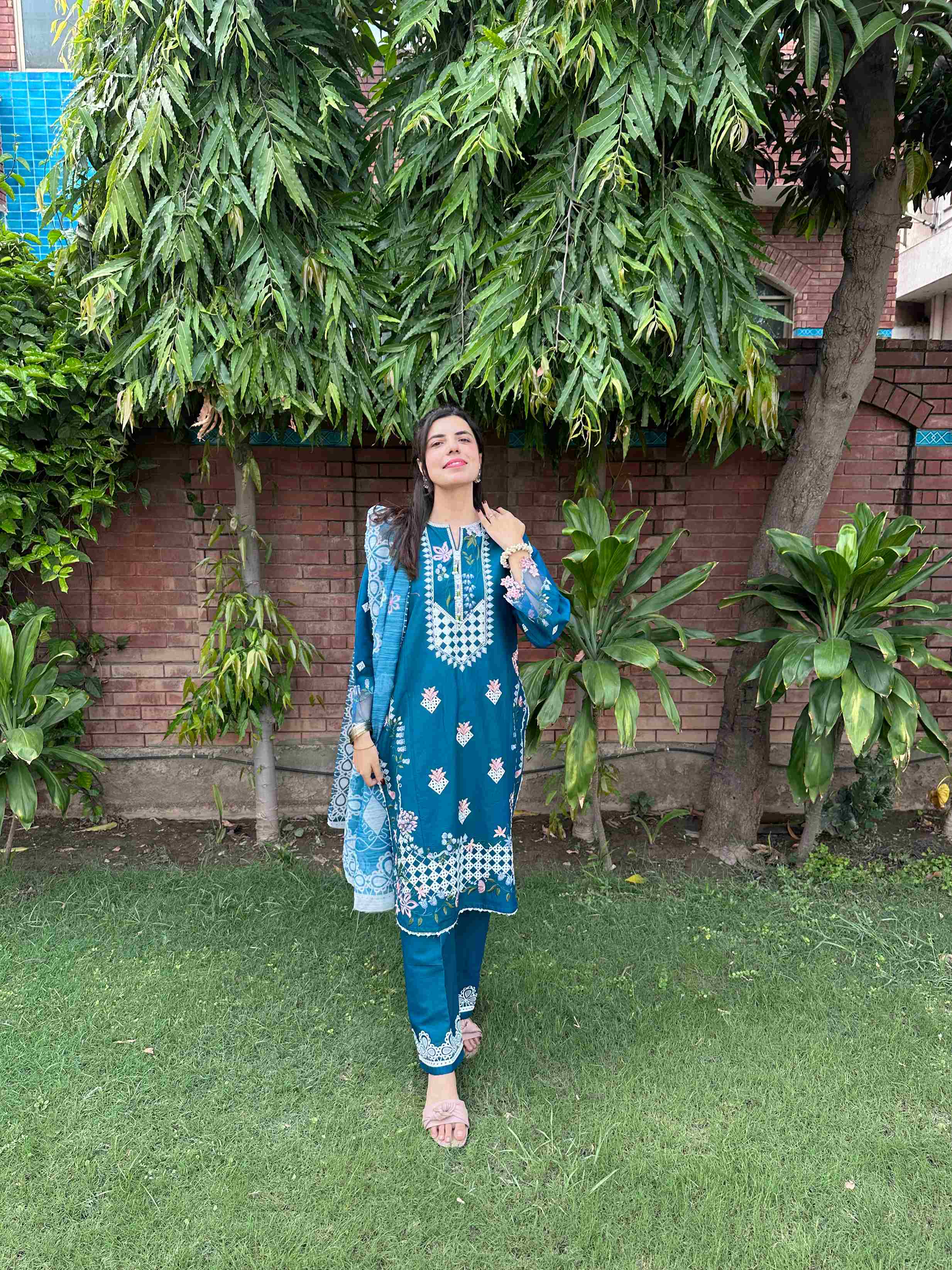 Teal Blue Embroidered 3-Piece Cotton Suit by AttirePret