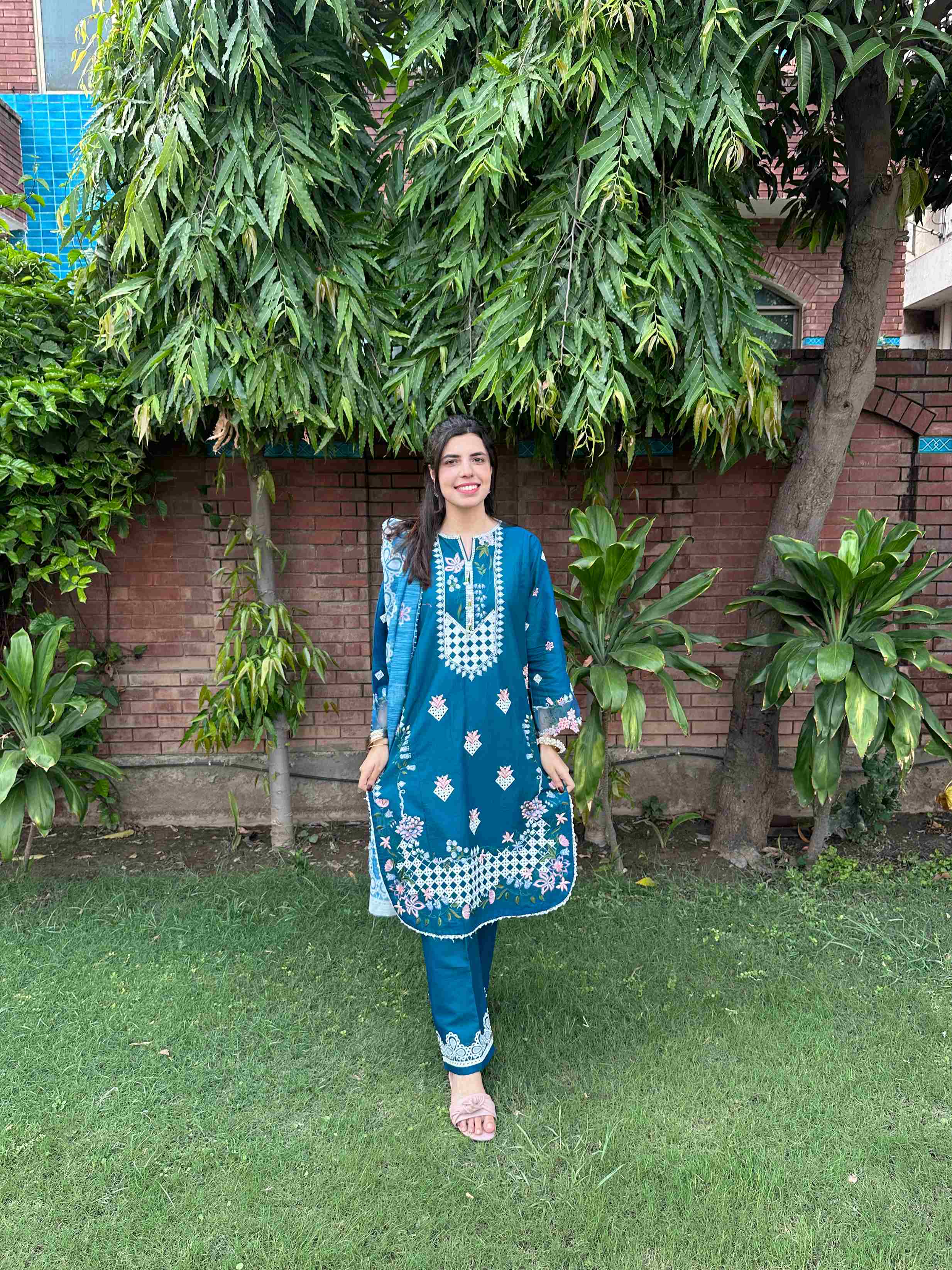 Teal Blue Embroidered 3-Piece Cotton Suit by AttirePret