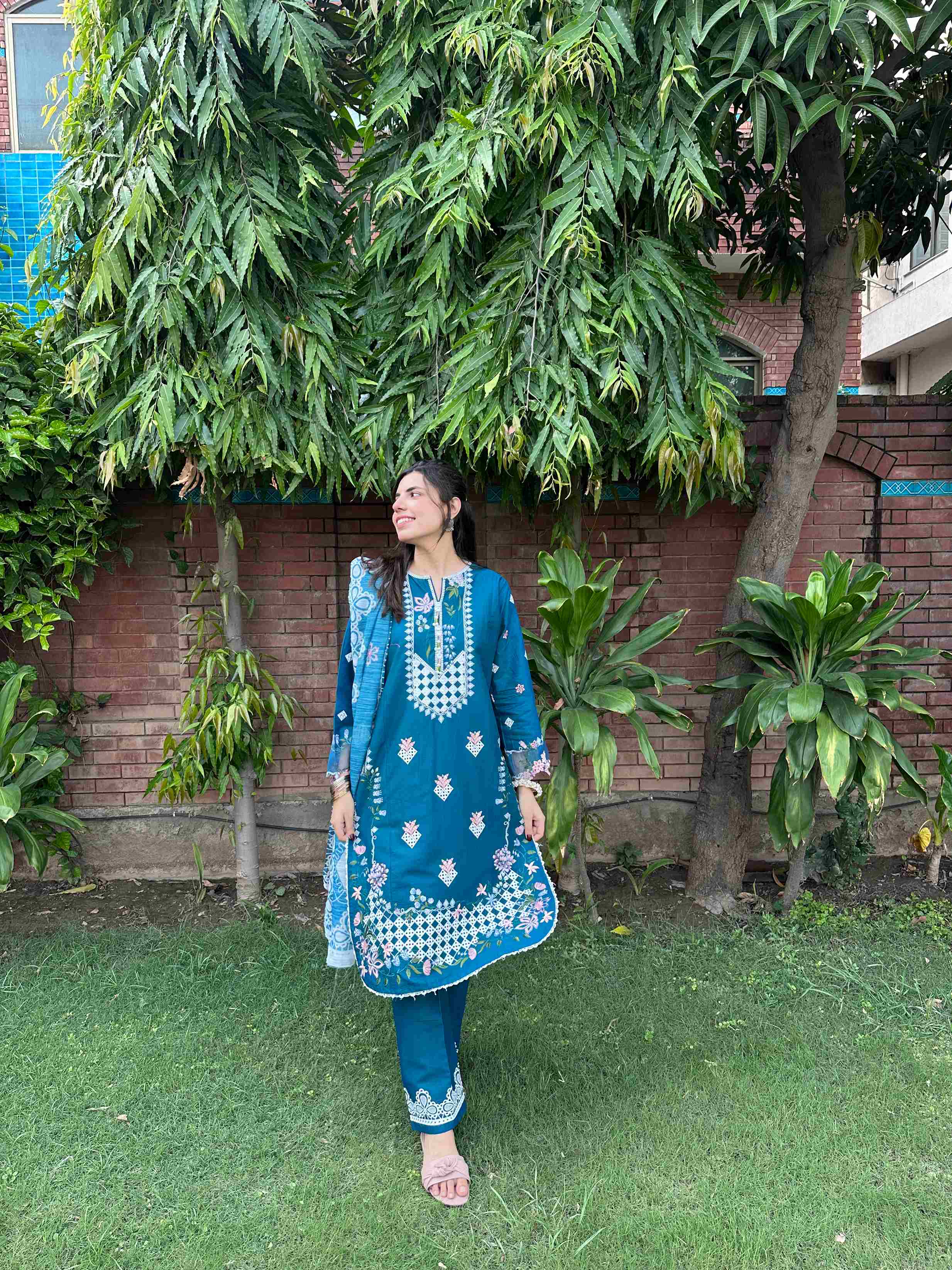Teal Blue Embroidered 3-Piece Cotton Suit by AttirePret