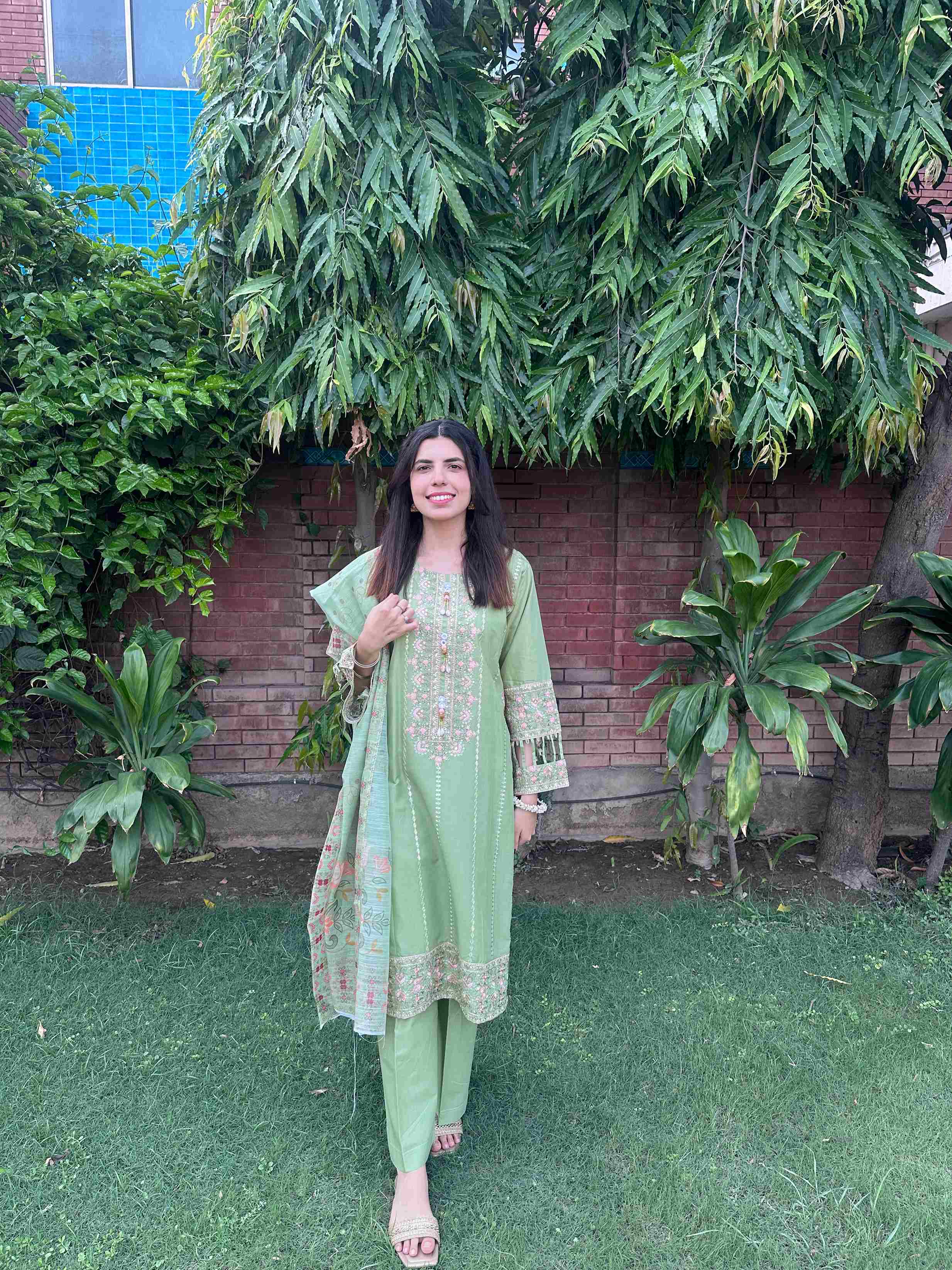 Attirepret - Lush Green Ready-to-Wear Cotton 3-Piece Suit