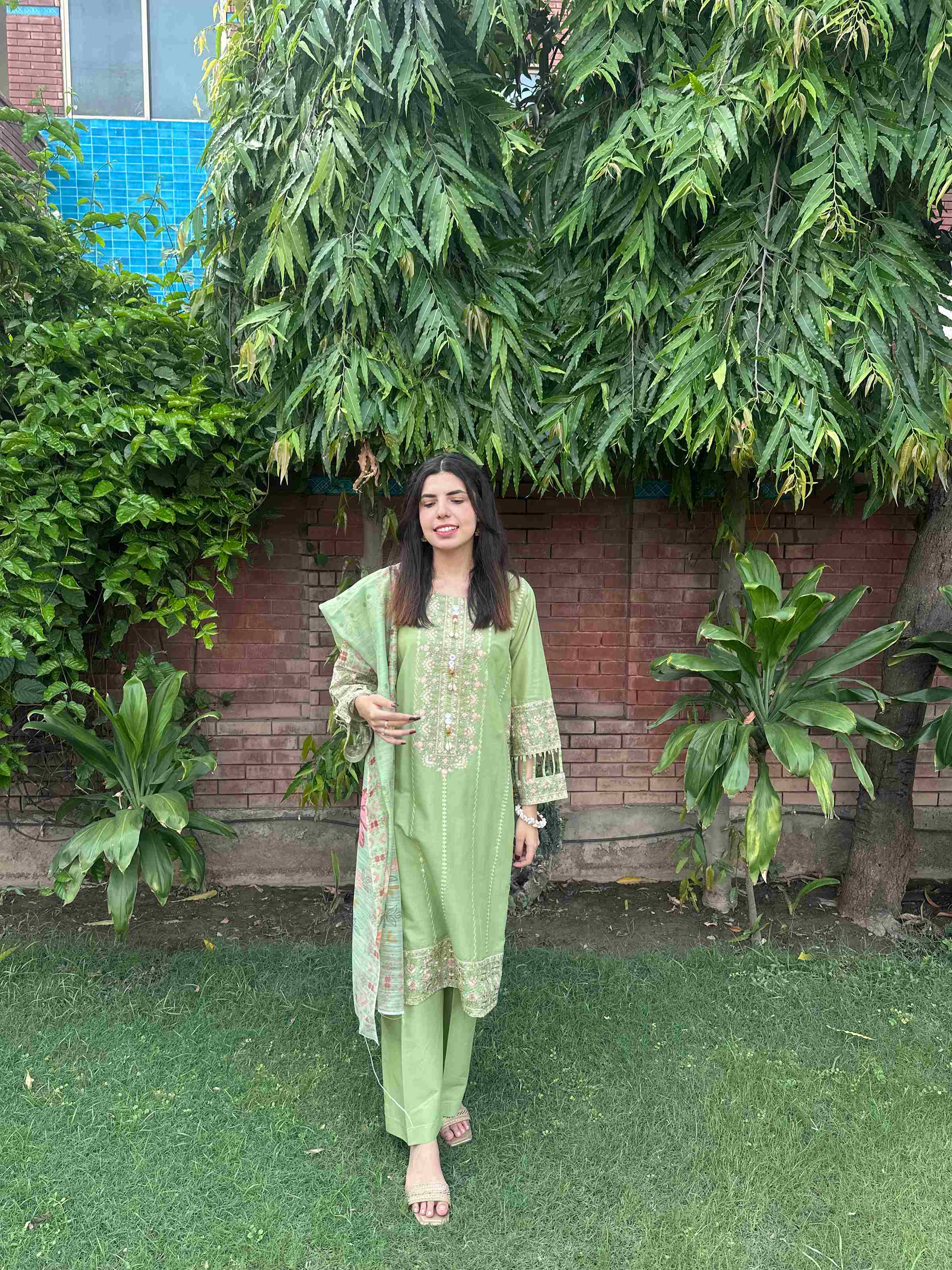 Attirepret - Lush Green Ready-to-Wear Cotton 3-Piece Suit