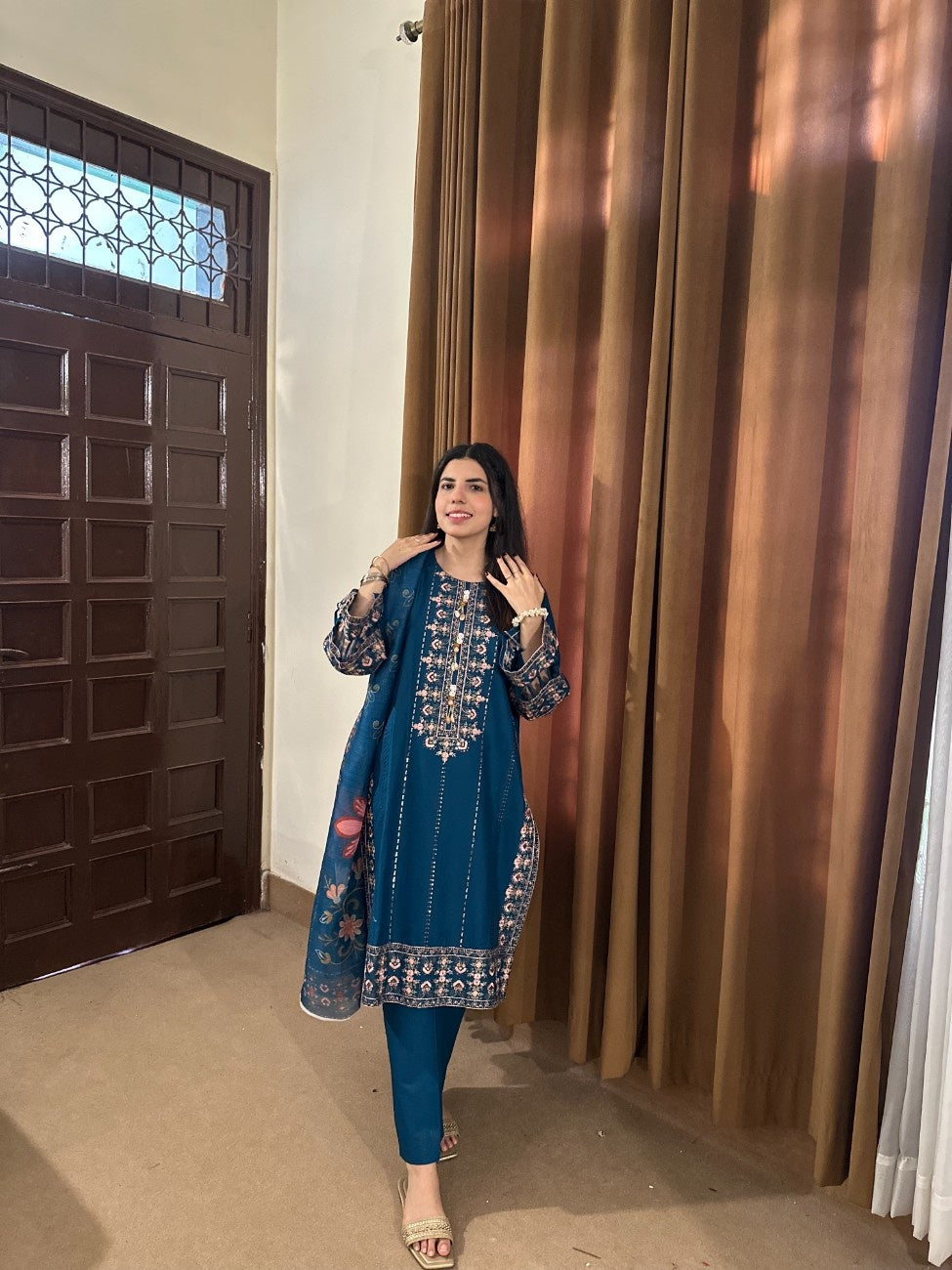 Attirepret - Majestic Teal Ready-to-Wear Cotton 3-Piece Suit