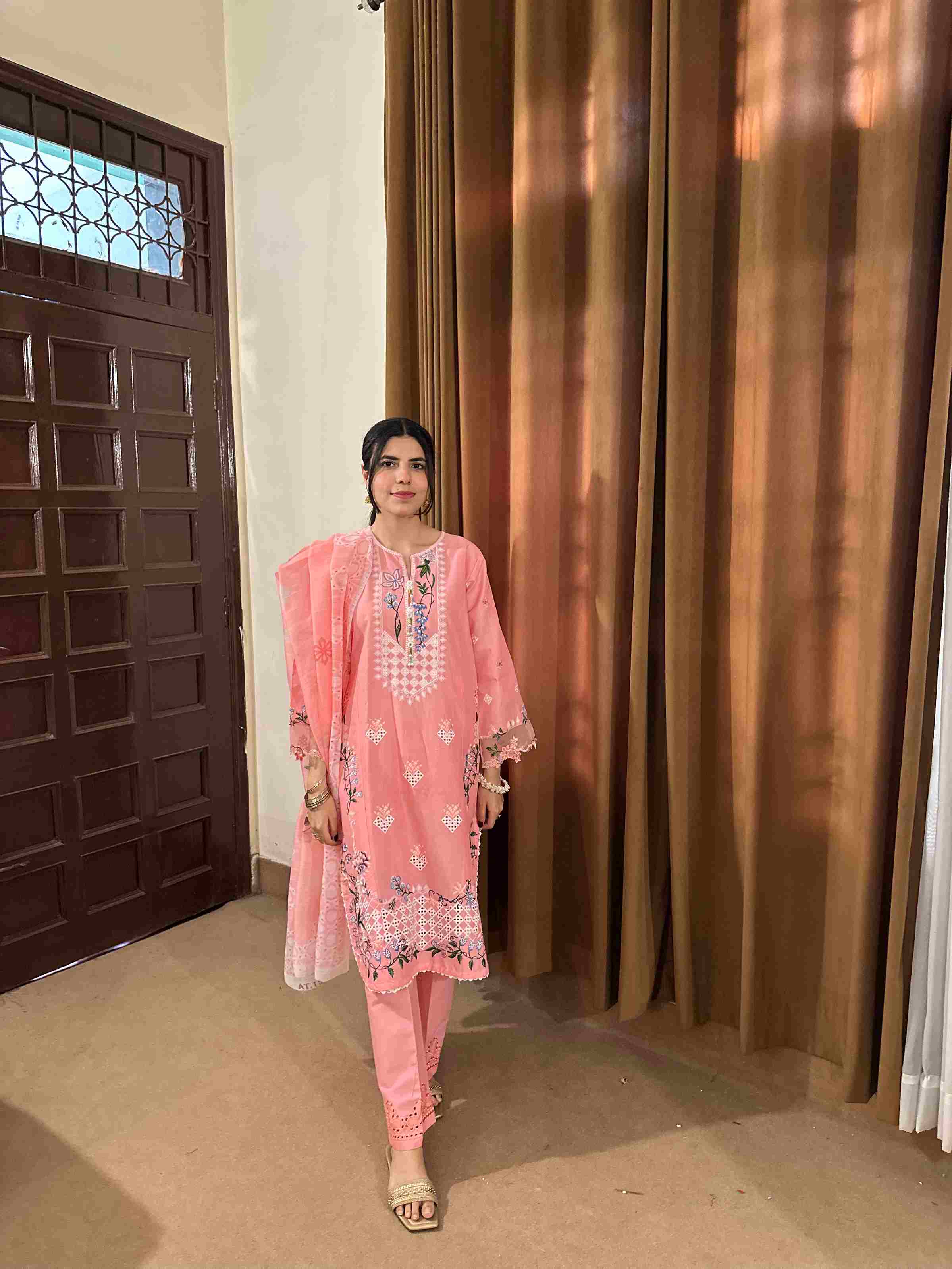 Attirepret Soft Pink 3-Piece Cotton Embroidered