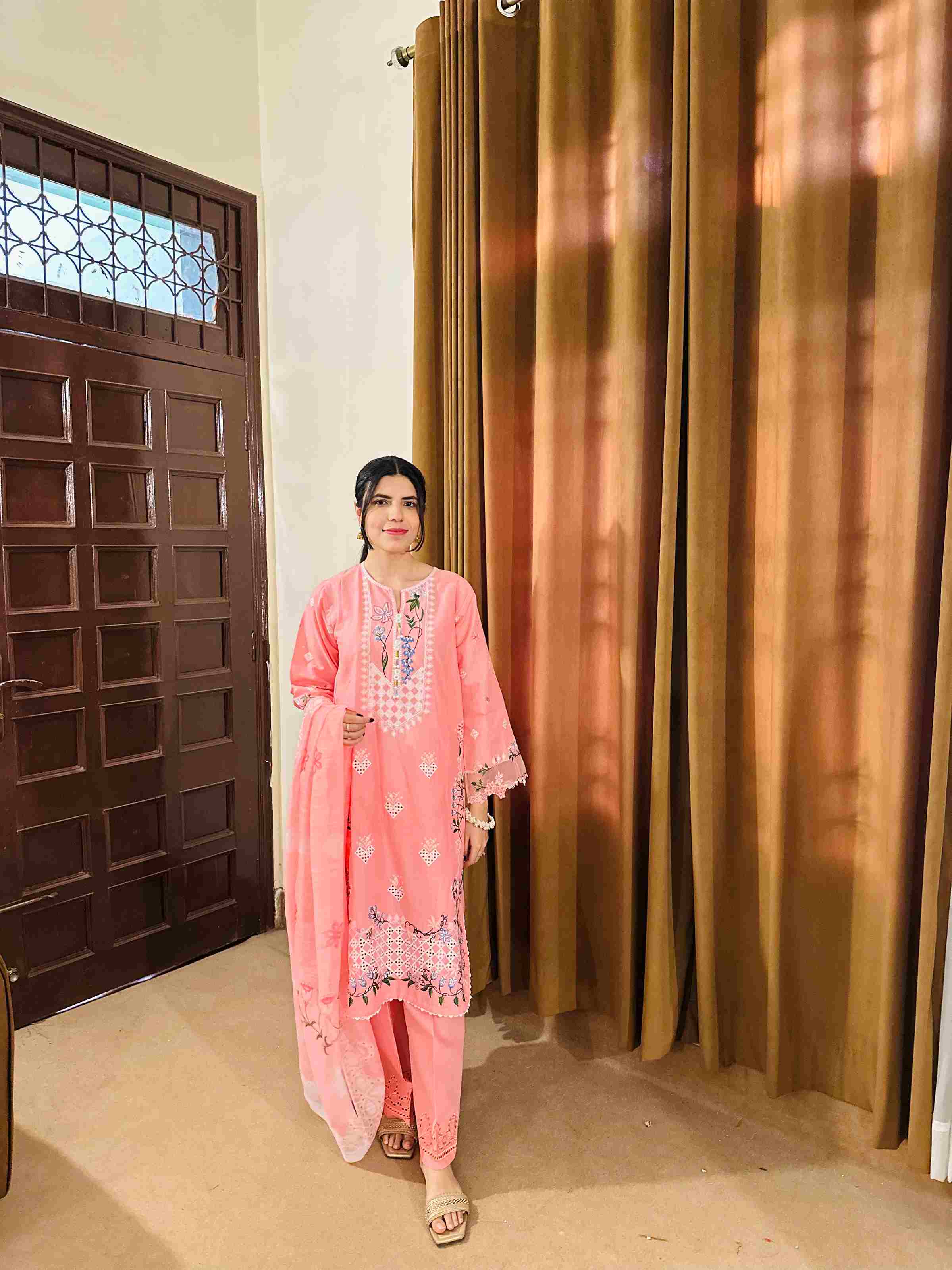 Attirepret Soft Pink 3-Piece Cotton Embroidered