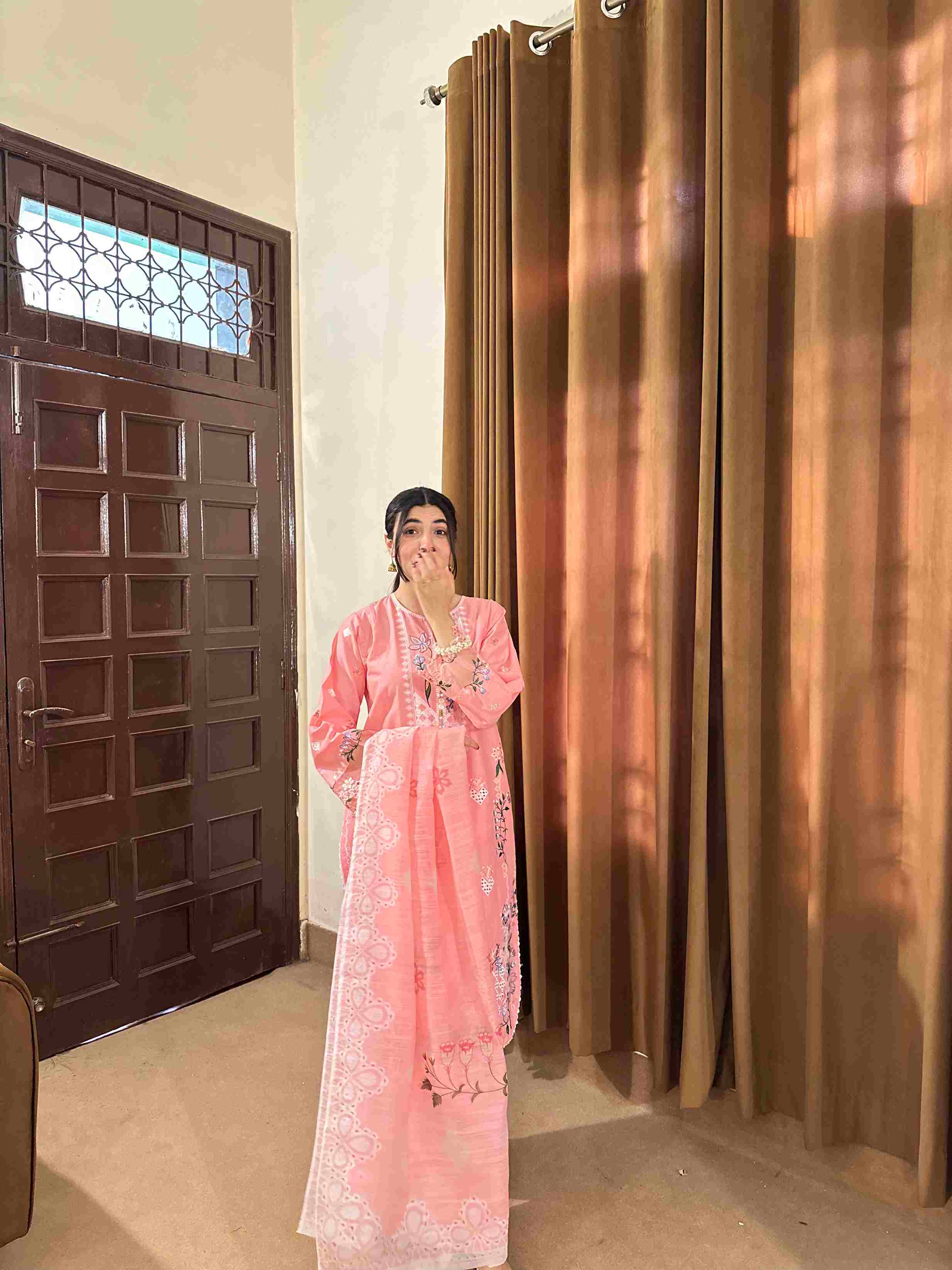 Attirepret Soft Pink 3-Piece Cotton Embroidered