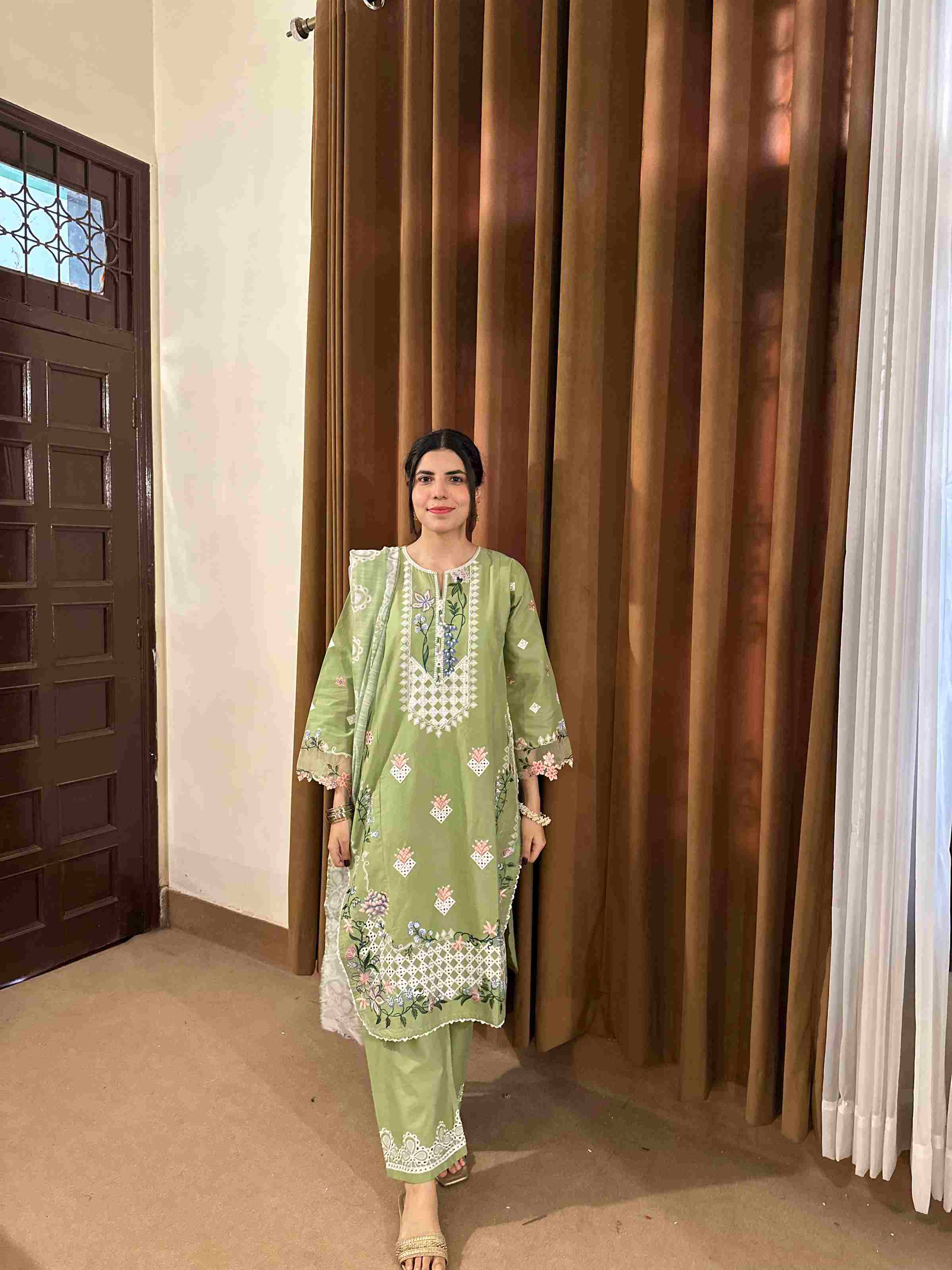 Attirepret Light Olive Green 3-Piece Cotton Embroidered