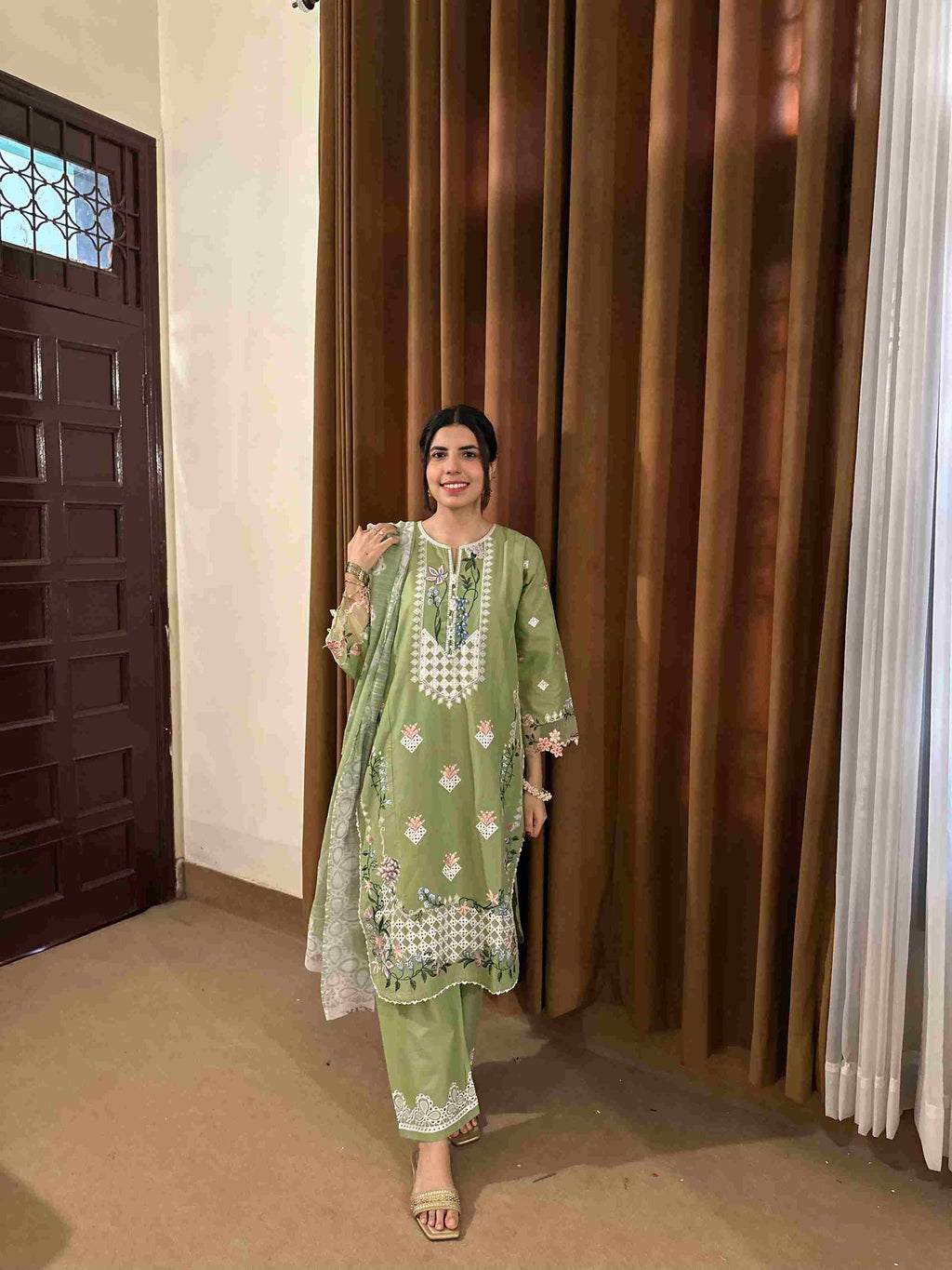 Attirepret Light Olive Green 3-Piece Cotton Embroidered