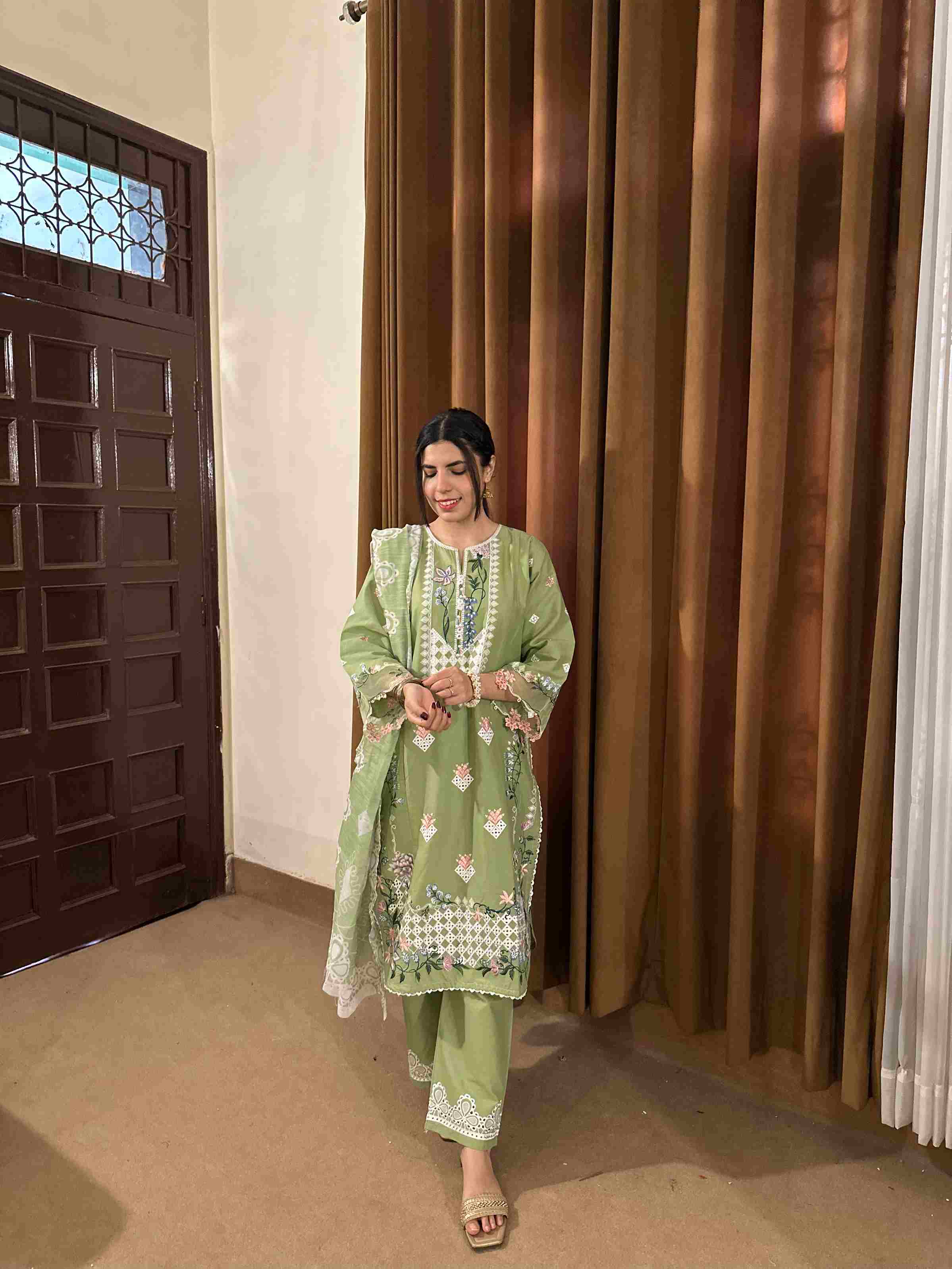 Attirepret Light Olive Green 3-Piece Cotton Embroidered