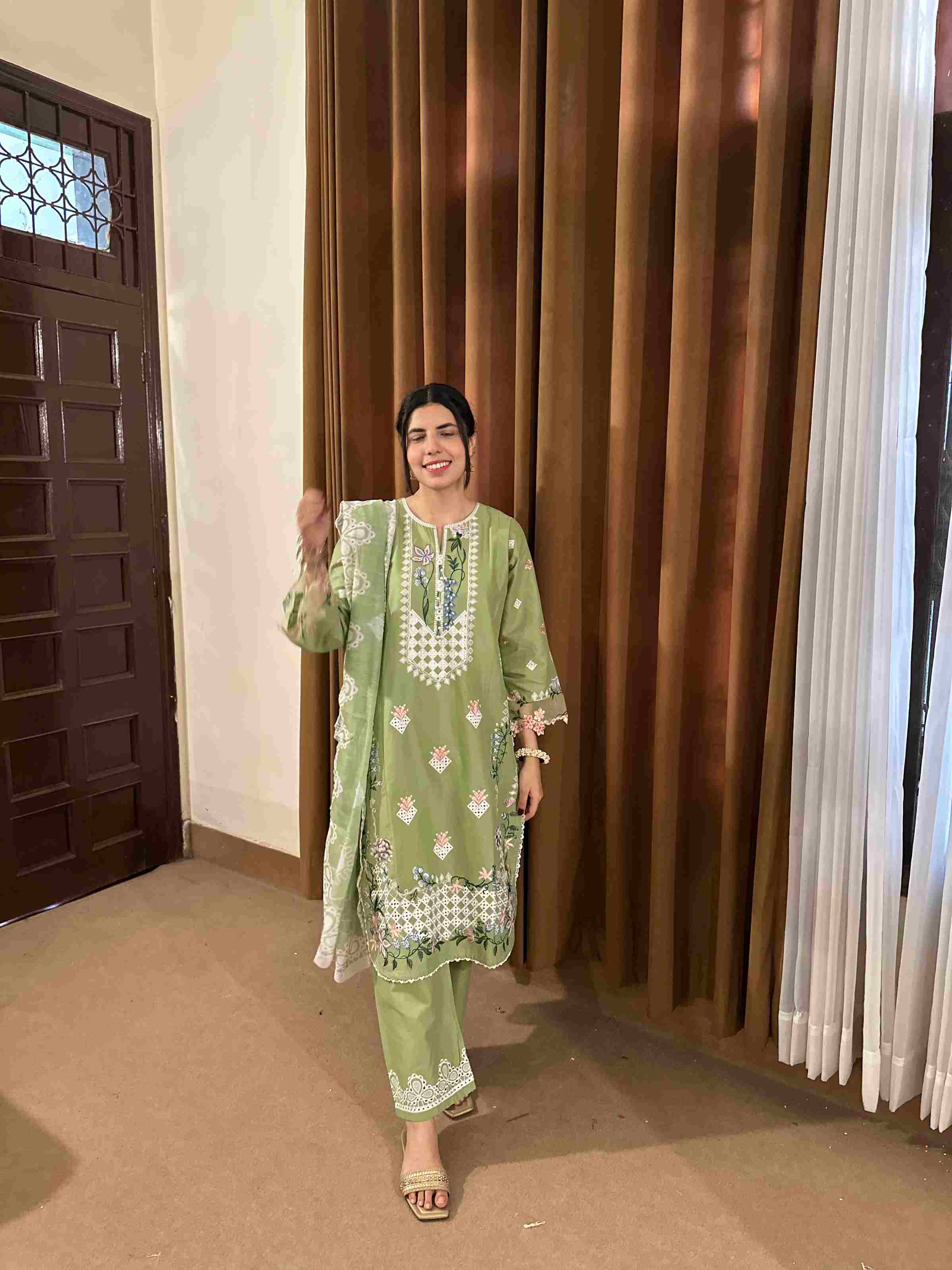 Attirepret Light Olive Green 3-Piece Cotton Embroidered