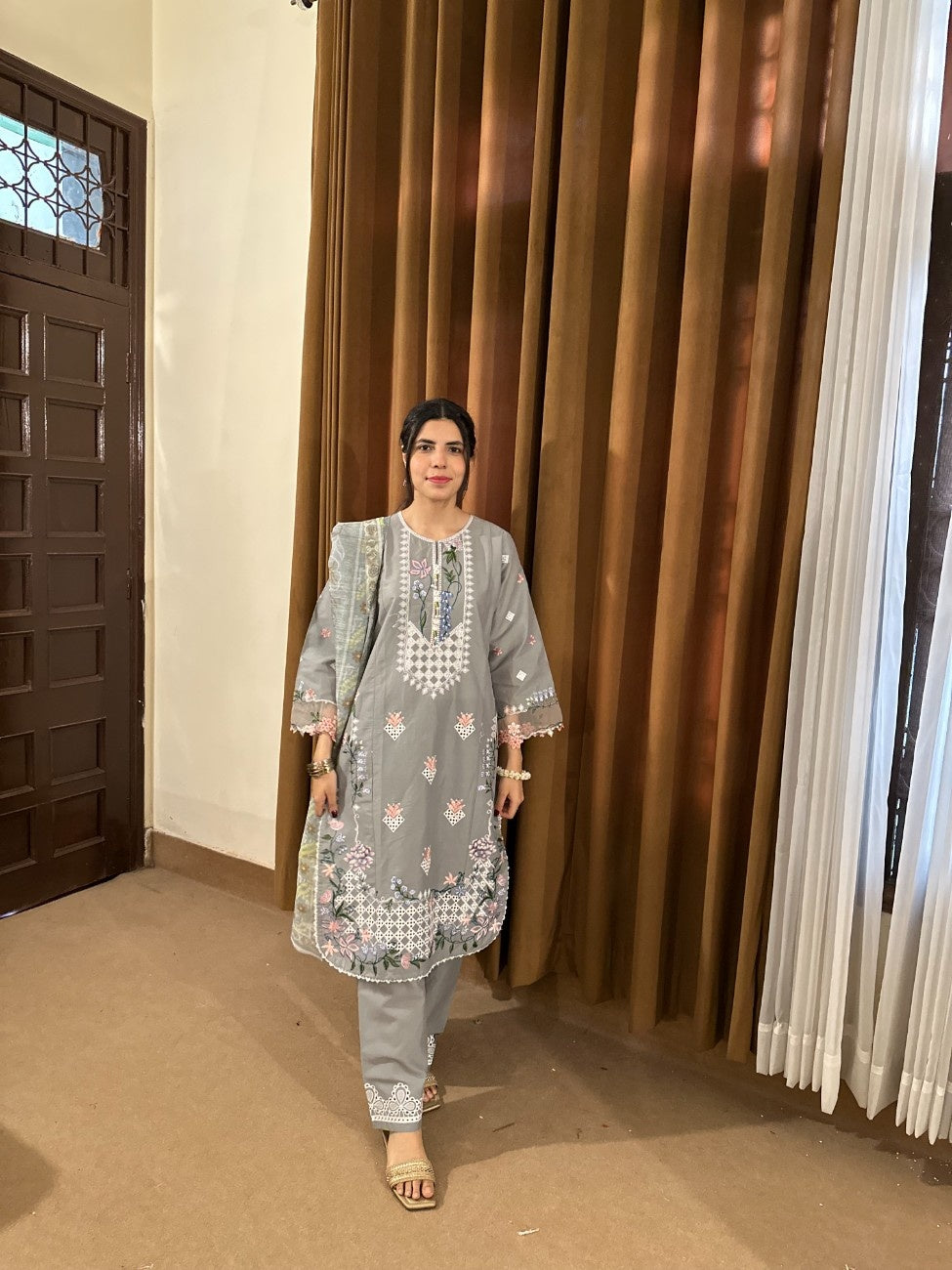 Elegant Grey Embroidered 3-Piece Cotton Suit by AttirePret
