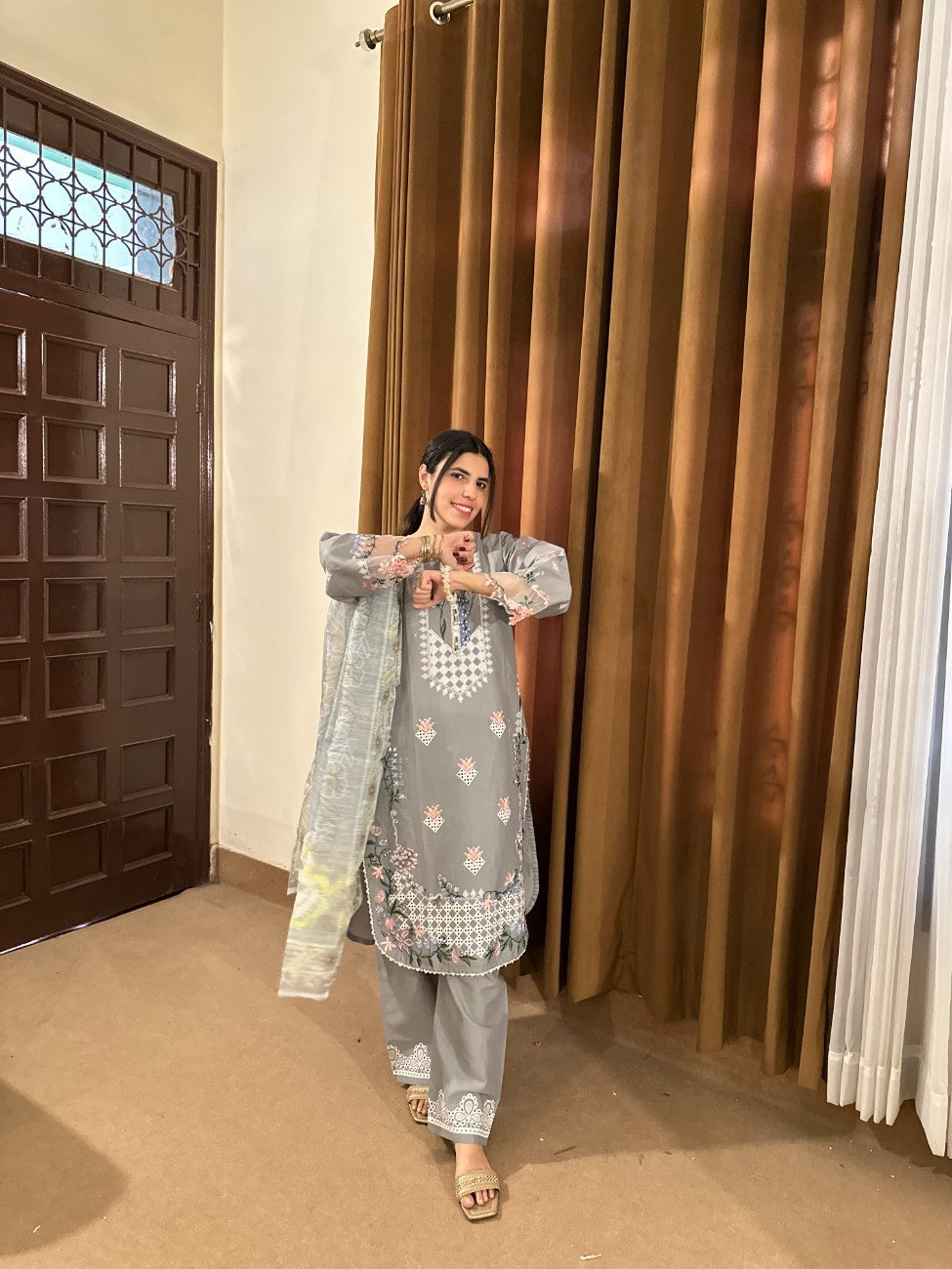 Elegant Grey Embroidered 3-Piece Cotton Suit by AttirePret