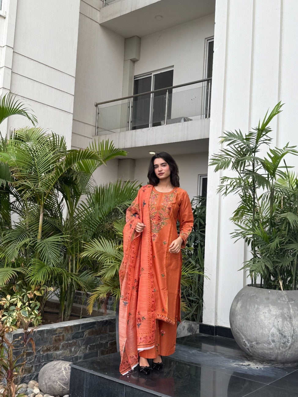 Elegant Tangerine Dream: Embroidered 3-Piece Cotton Suit