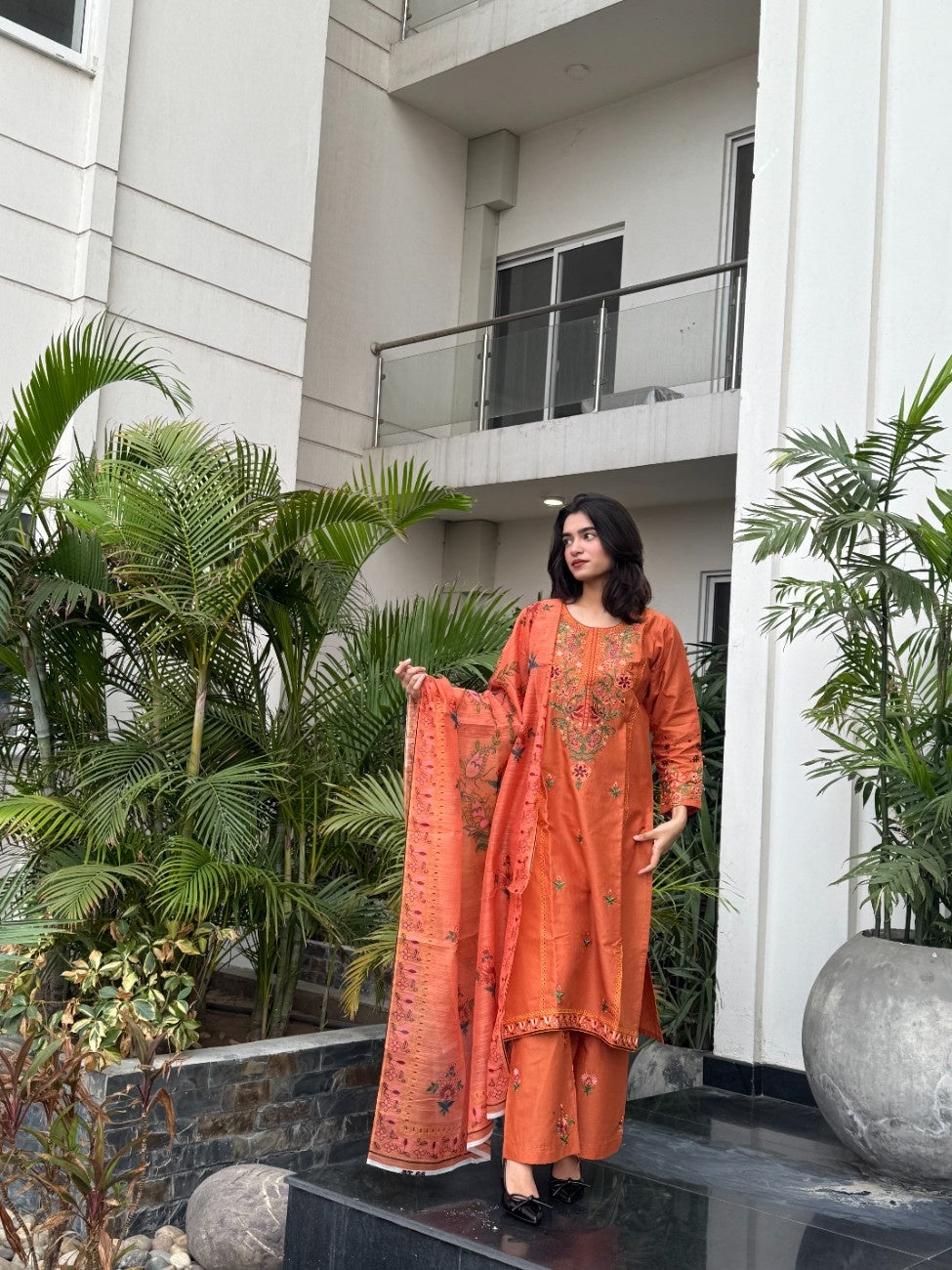 Elegant Tangerine Dream: Embroidered 3-Piece Cotton Suit
