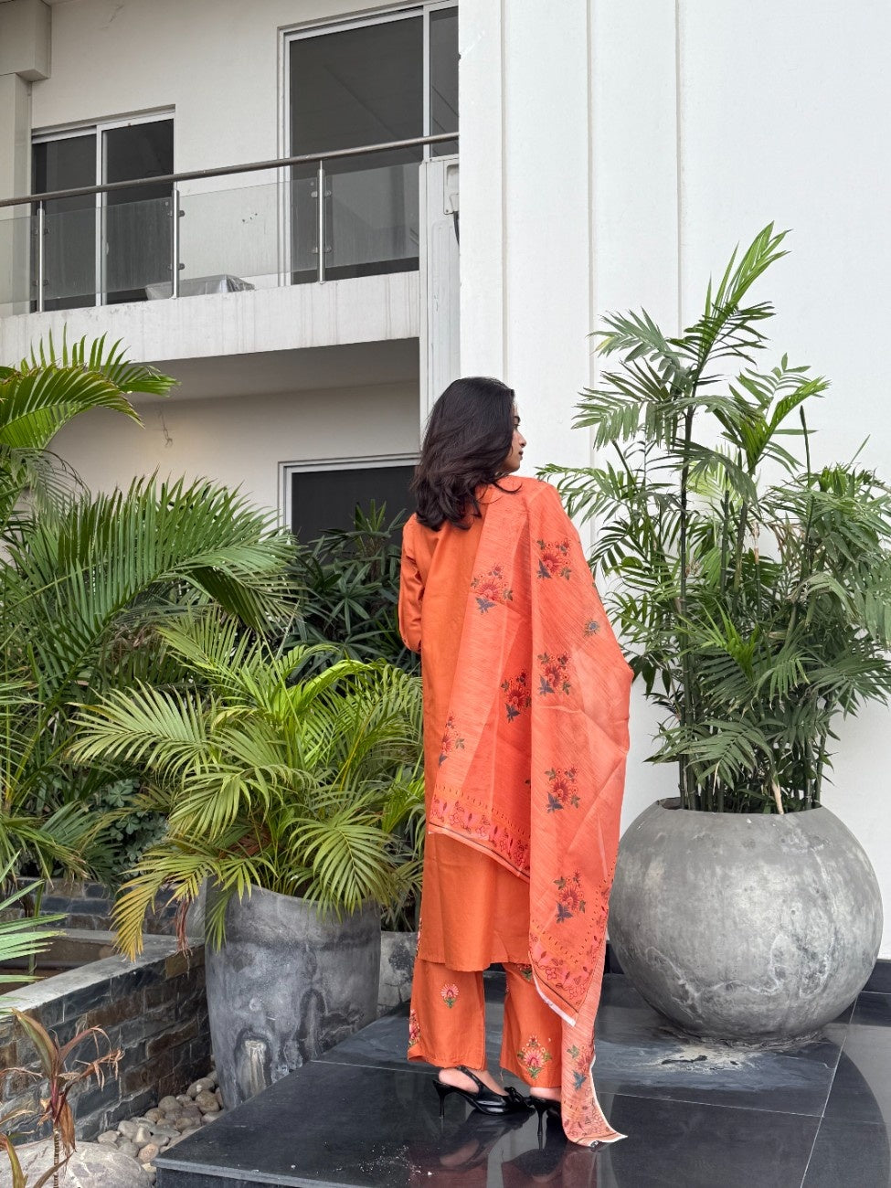 Elegant Tangerine Dream: Embroidered 3-Piece Cotton Suit