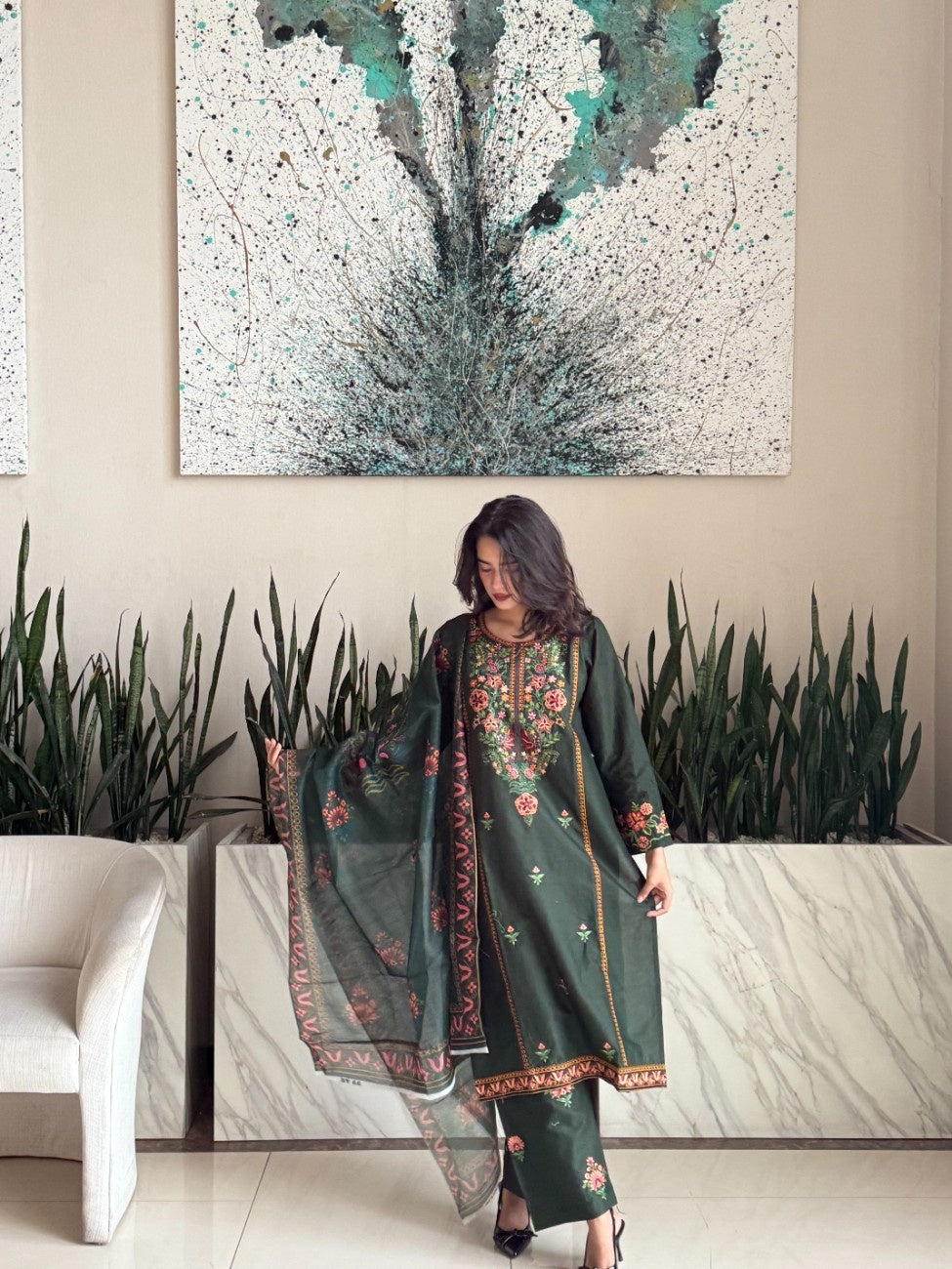 Enchanted Forest Bloom: Embroidered 3-Piece Cotton Suit