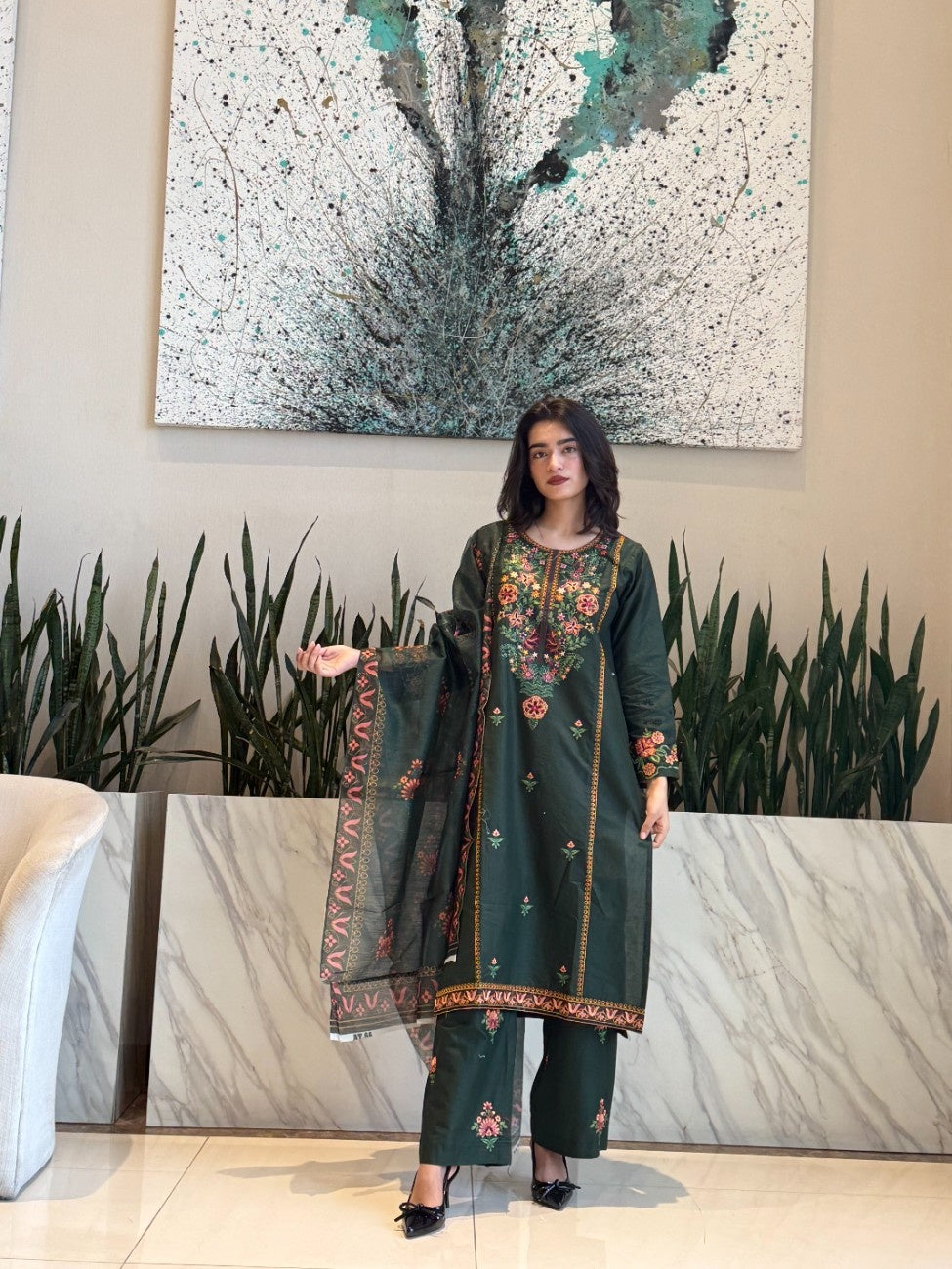 Enchanted Forest Bloom: Embroidered 3-Piece Cotton Suit