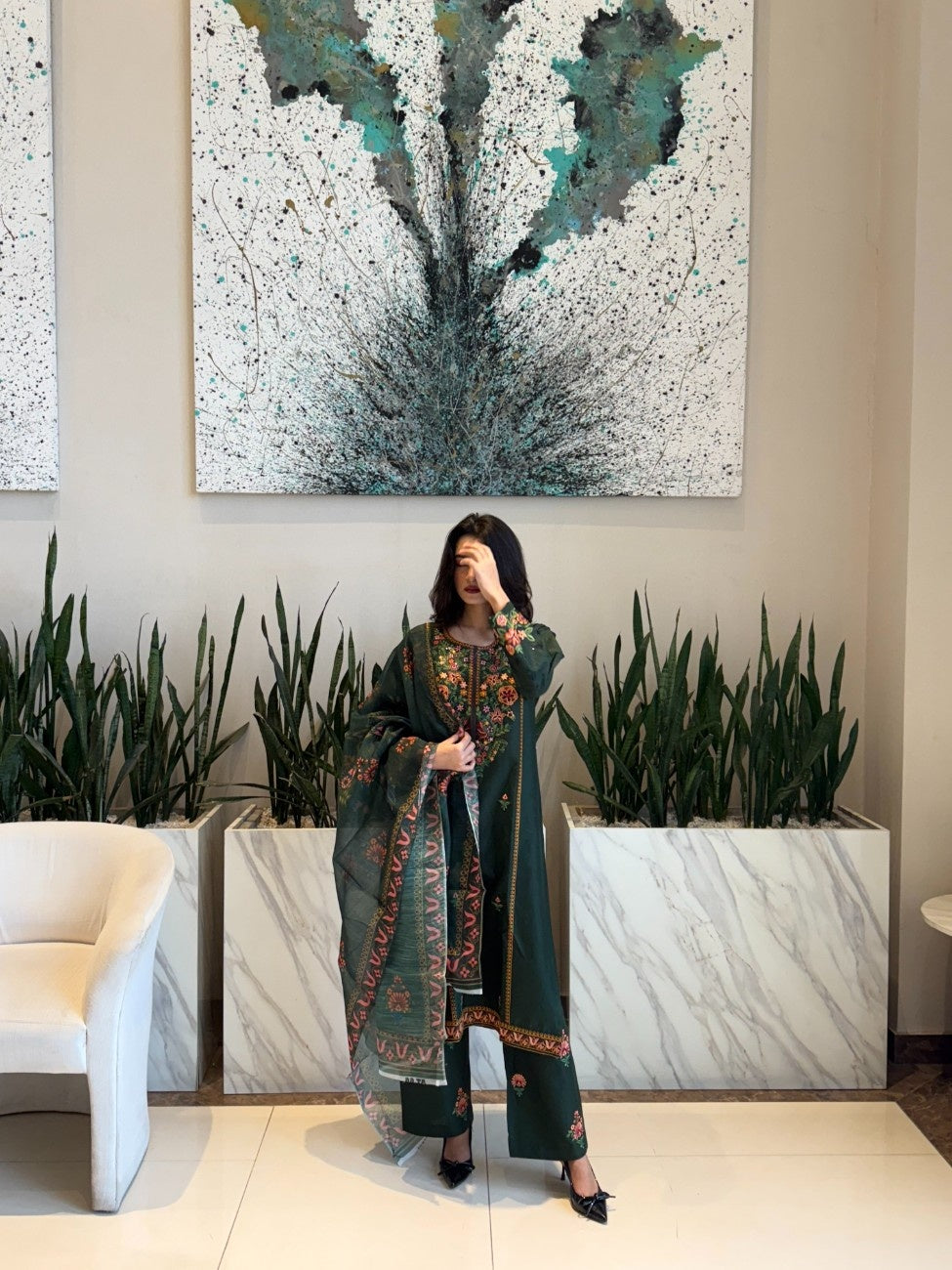 Enchanted Forest Bloom: Embroidered 3-Piece Cotton Suit