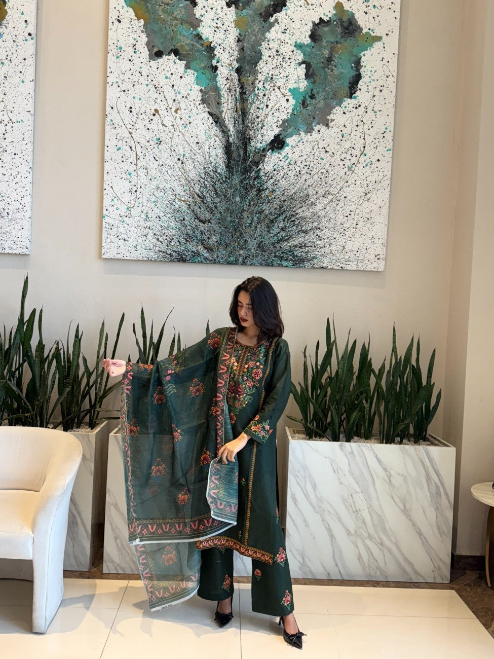 Enchanted Forest Bloom: Embroidered 3-Piece Cotton Suit