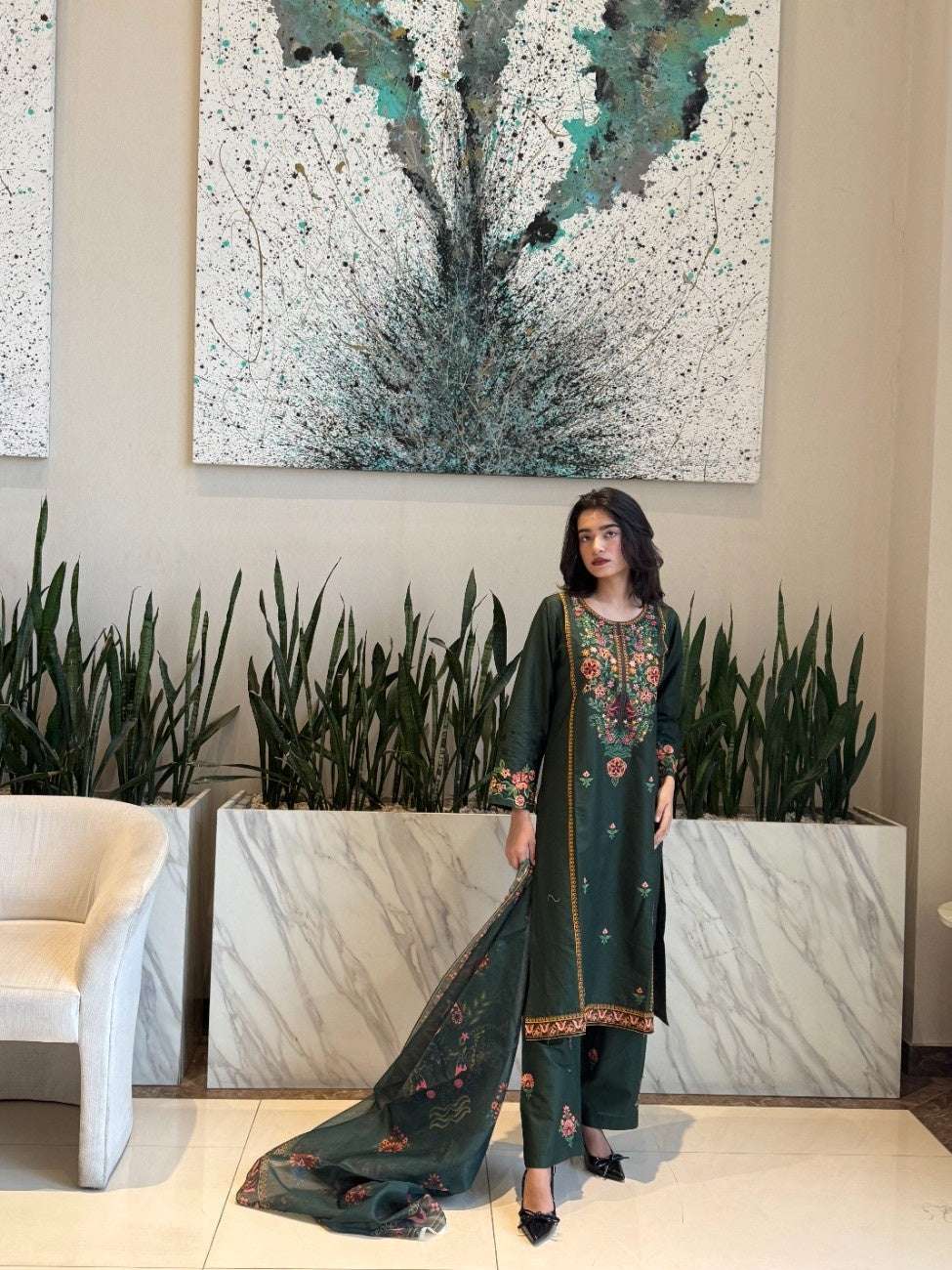 Enchanted Forest Bloom: Embroidered 3-Piece Cotton Suit